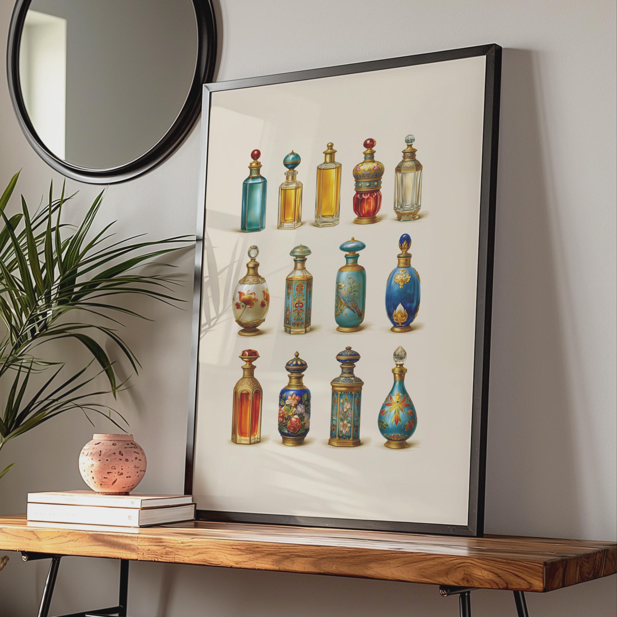 Vintage Perfume Bottles Poster, Ornate Floral Illustration, Maximalist Wall Art