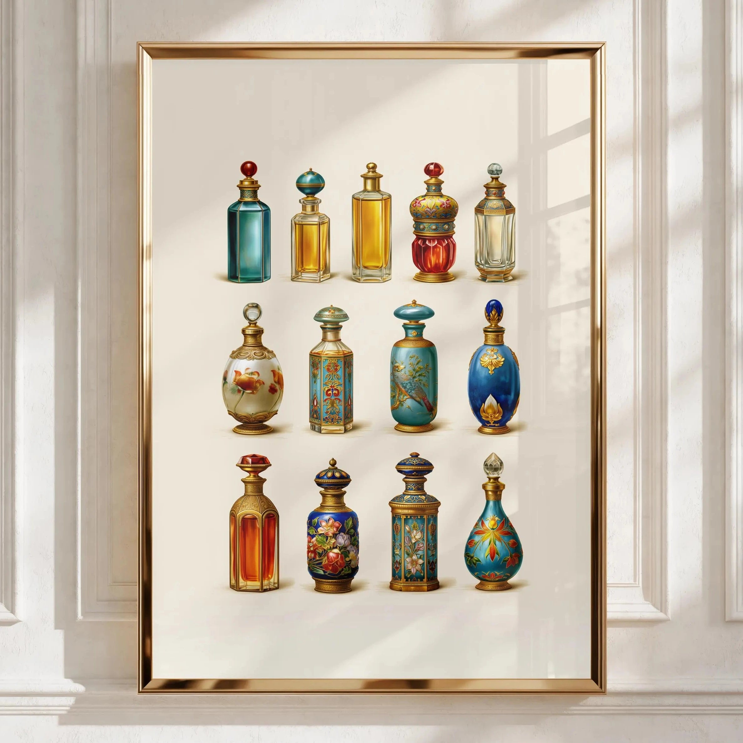 Vintage Perfume Bottles Poster, Ornate Floral Illustration, Maximalist Wall Art