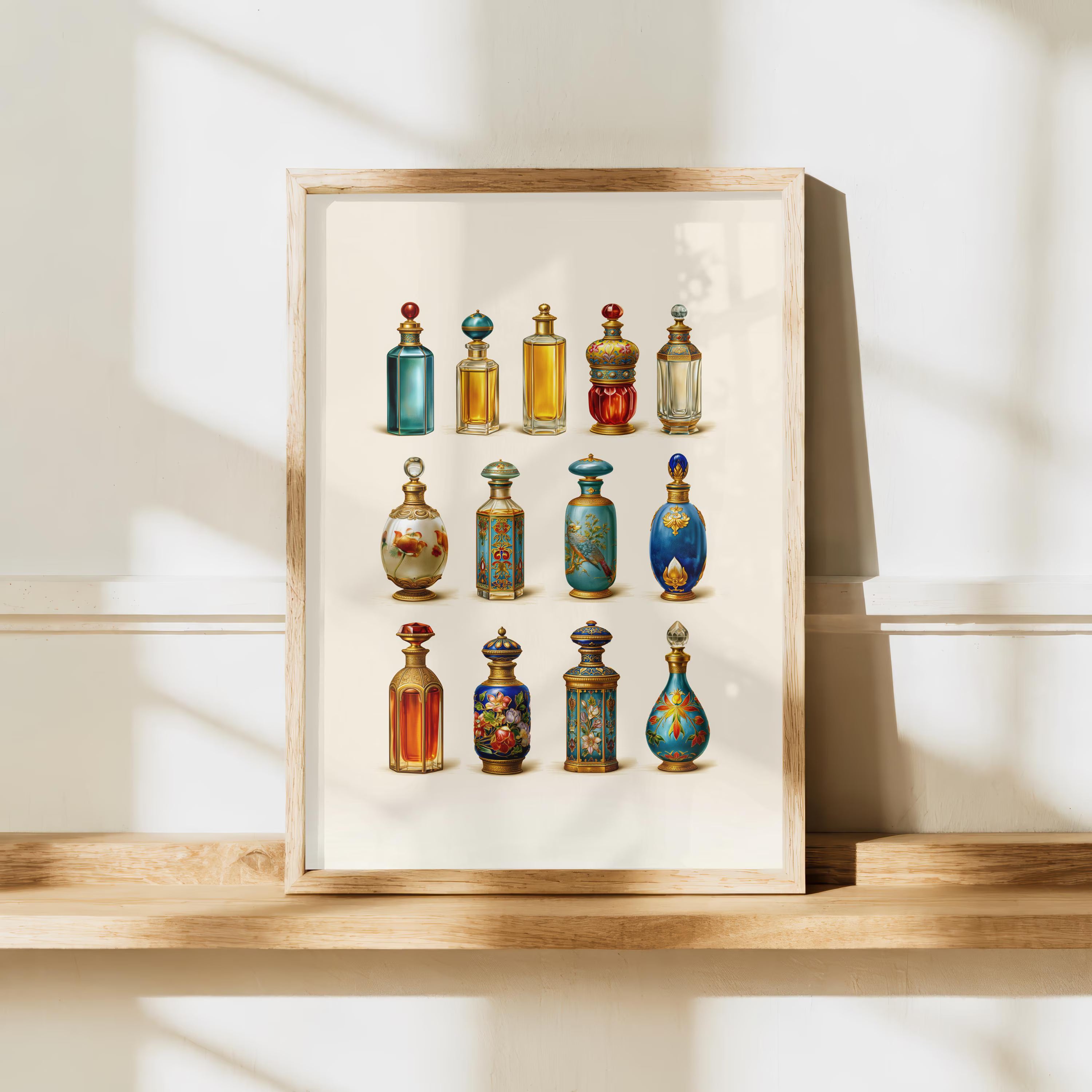 Vintage Perfume Bottles Poster, Ornate Floral Illustration, Maximalist Wall Art