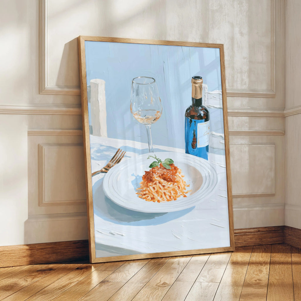 Pasta and Wine Still Life Art Print, Italian Kitchen Decor, Culinary Wall Art