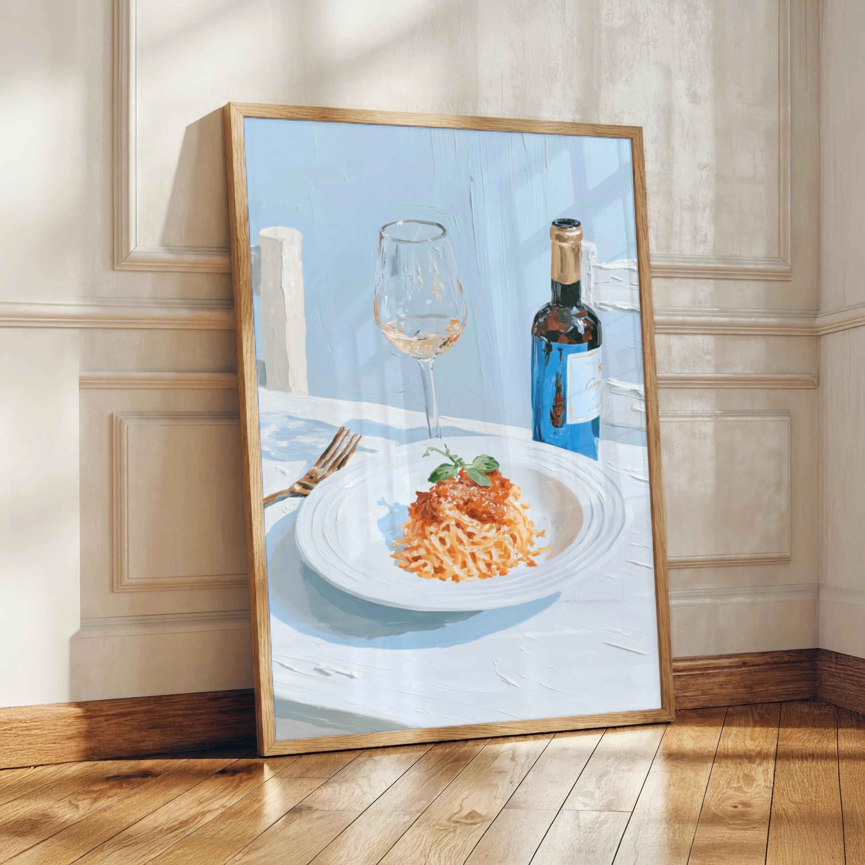 Pasta and Wine Still Life Art Print, Italian Kitchen Decor, Culinary Wall Art