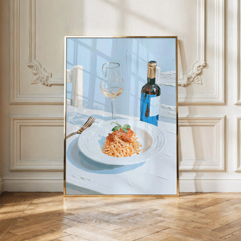 Pasta and Wine Still Life Art Print, Italian Kitchen Decor, Culinary Wall Art