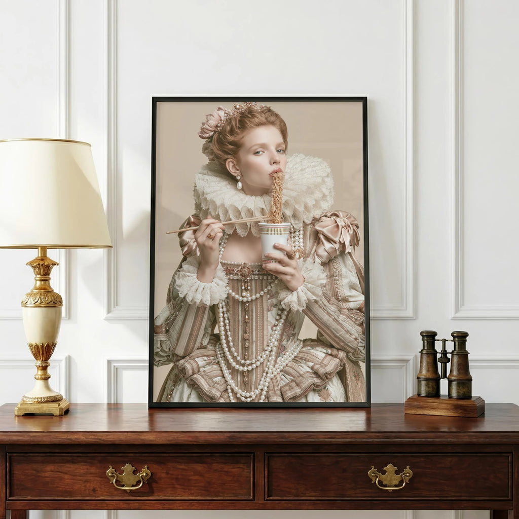 Renaissance Queen Eating Instant Noodles Poster, Baroque Humour Wall Art