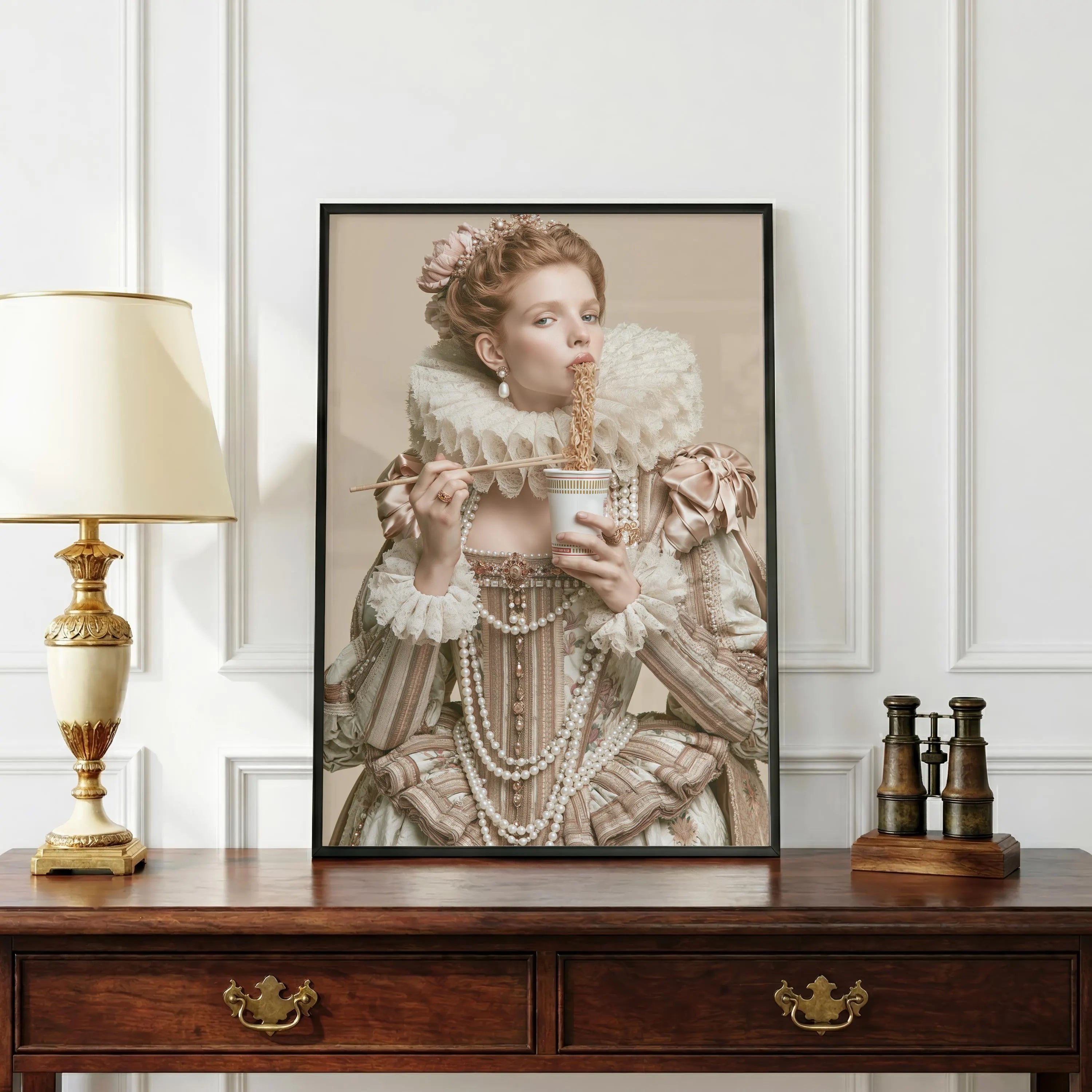 Renaissance Queen Eating Instant Noodles Poster, Baroque Humour Wall Art