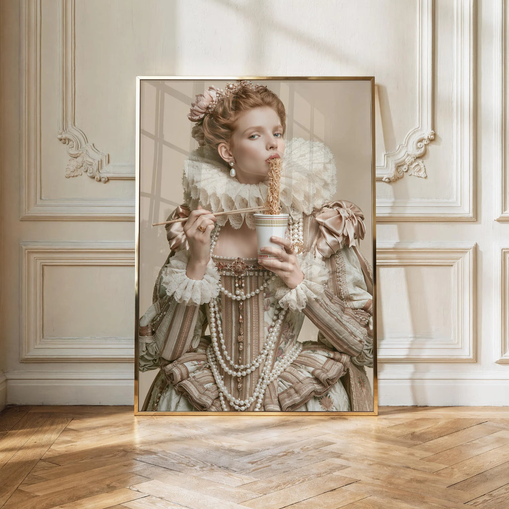 Renaissance Queen Eating Instant Noodles Poster, Baroque Humour Wall Art