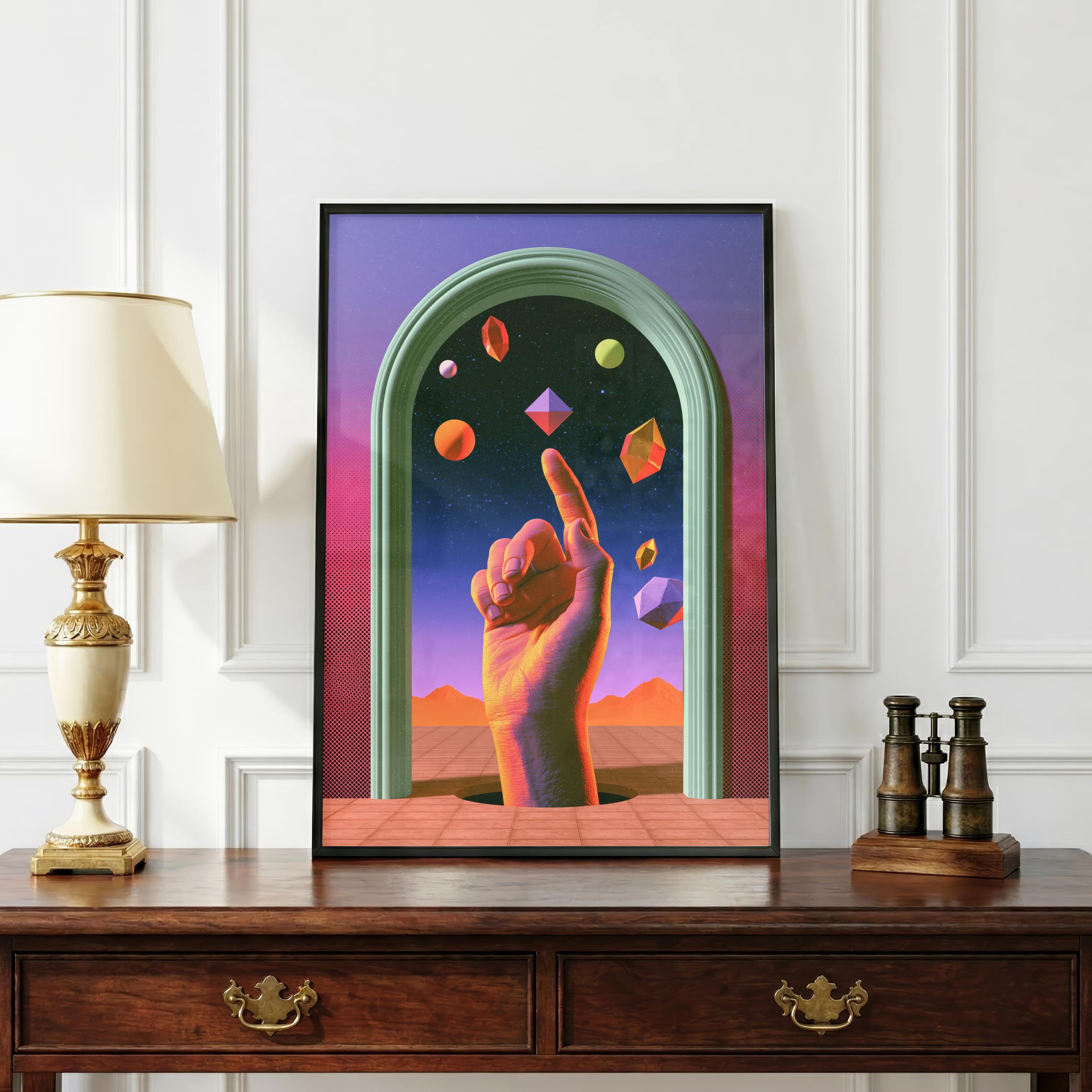 Psychedelic Hand Cosmic Poster, Surreal Blue Space Wall Art, Geometric