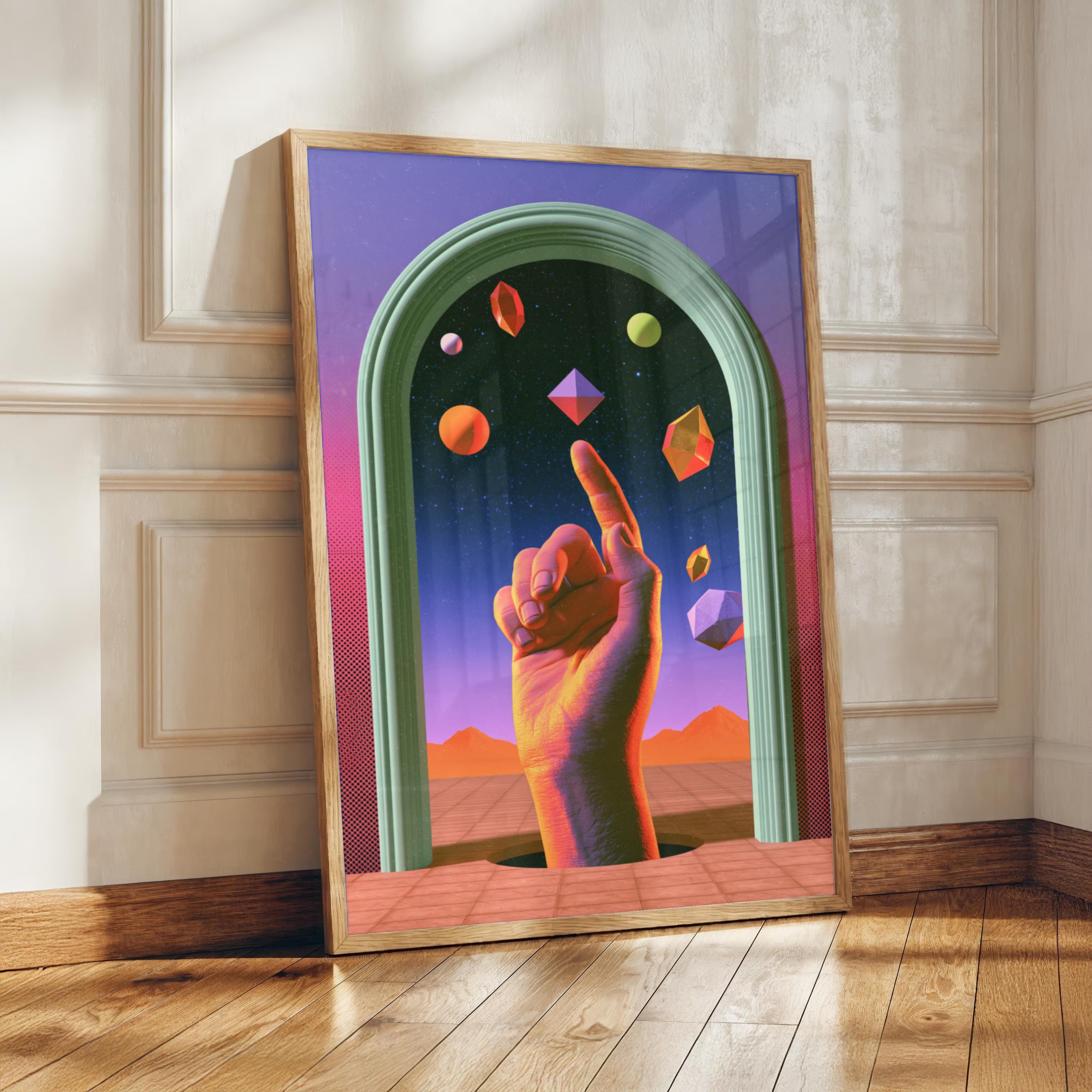 Psychedelic Hand Cosmic Poster, Surreal Blue Space Wall Art, Geometric