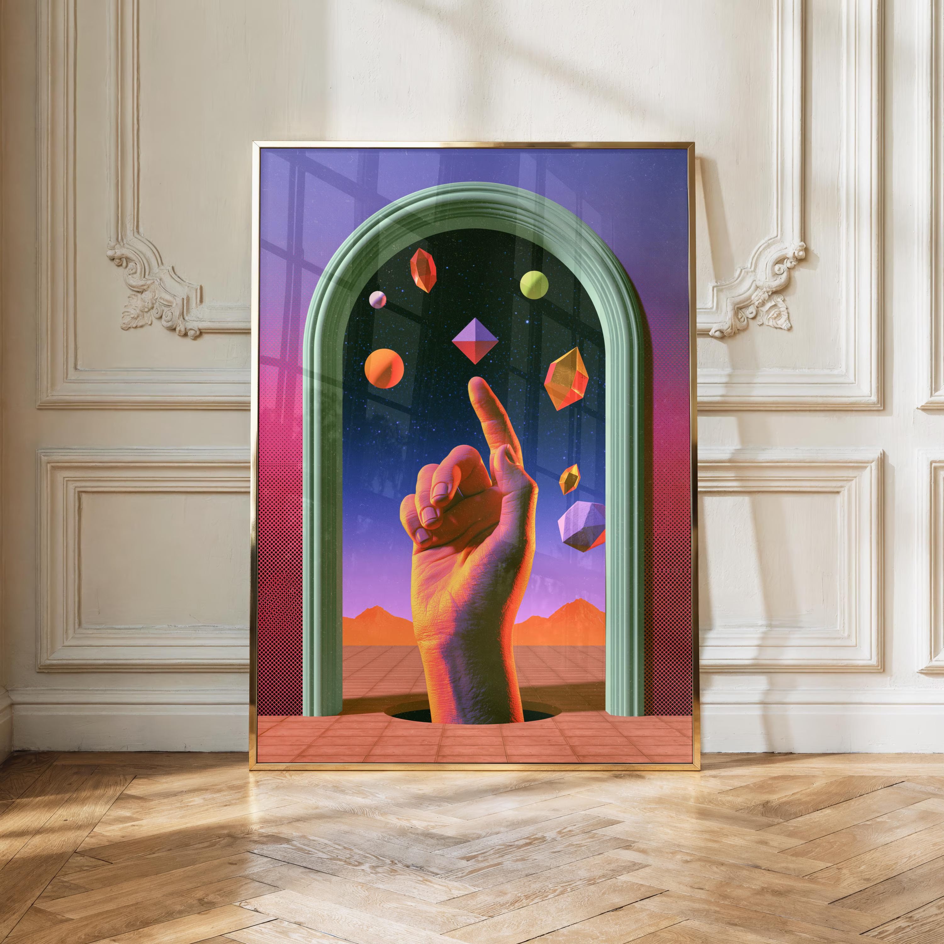 Psychedelic Hand Cosmic Poster, Surreal Blue Space Wall Art, Geometric
