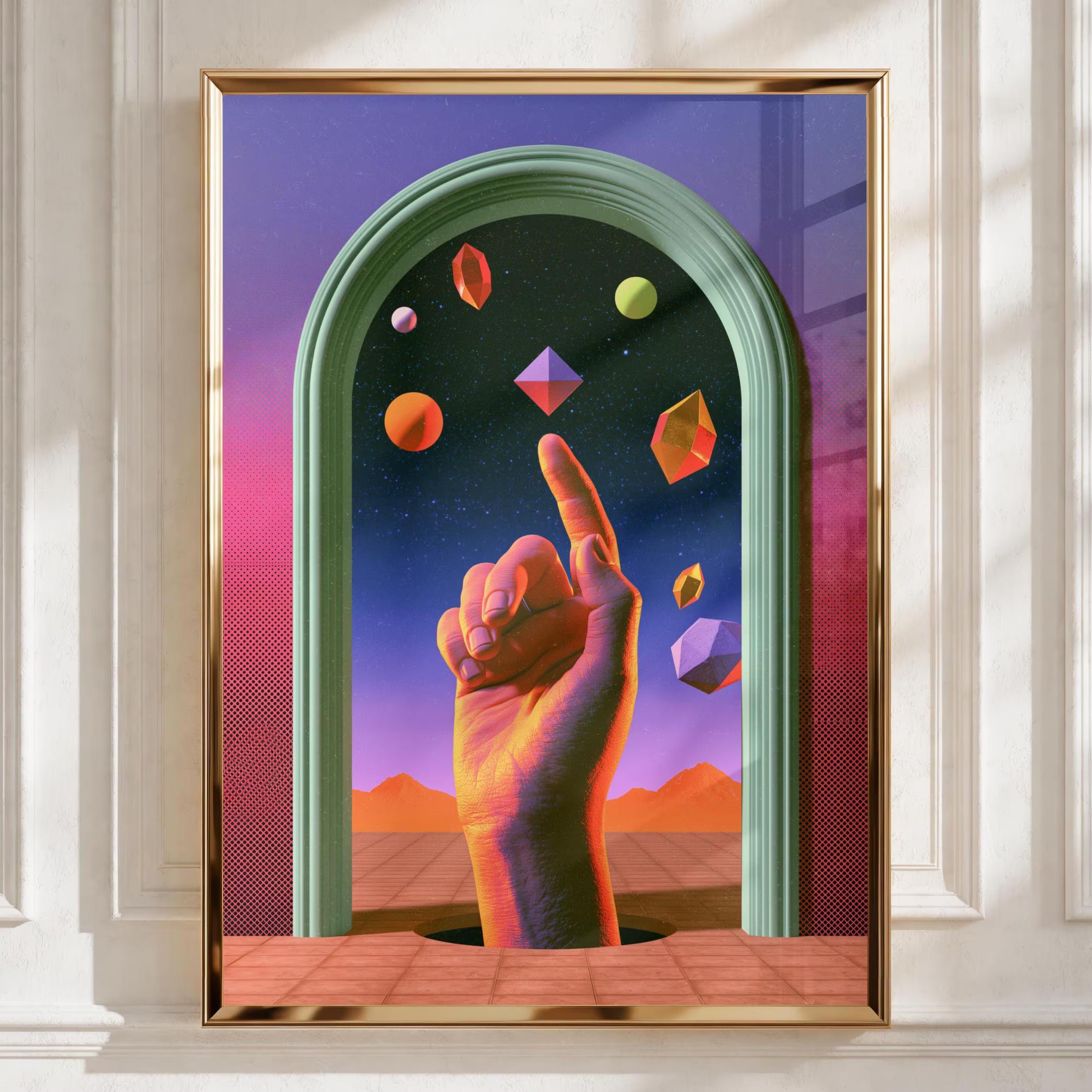 Psychedelic Hand Cosmic Poster, Surreal Blue Space Wall Art, Geometric