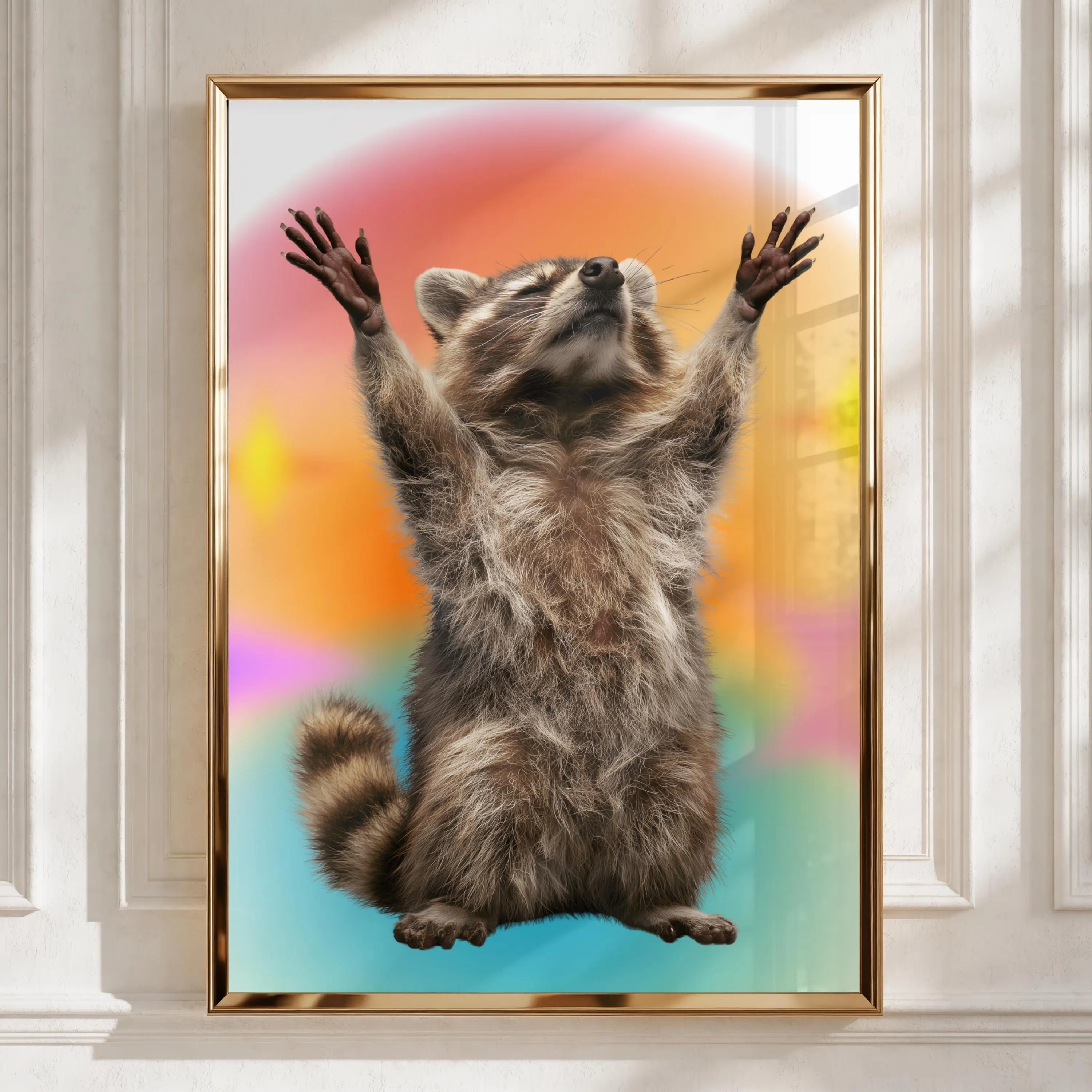 Raccoon Hands Up Poster, Funny Animal Wall Art, Colourful Retro Print