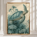 Sea Turtle Print, Botanical Ocean Wall Art, Vintage Illustration Poster, Teal