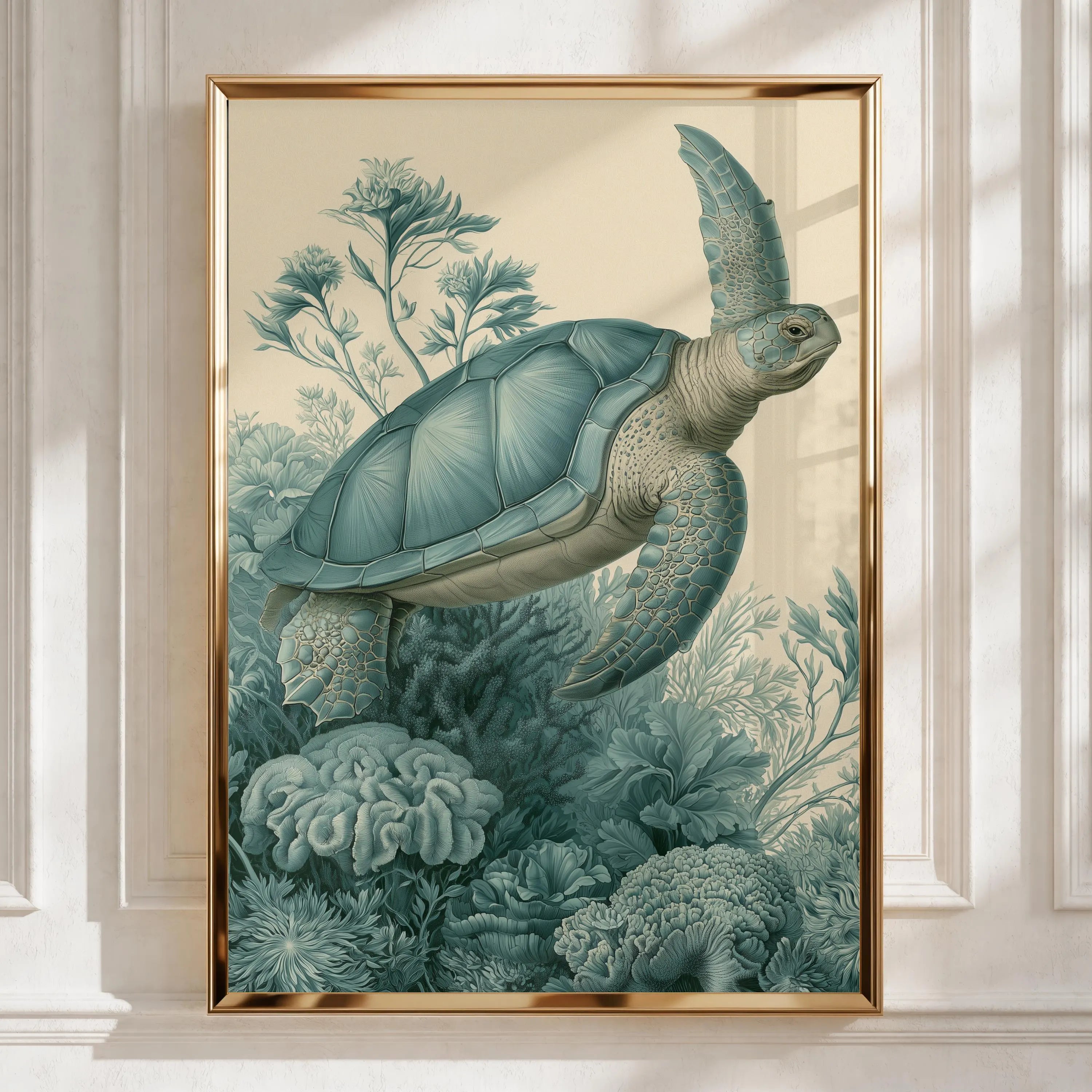 Sea Turtle Print, Botanical Ocean Wall Art, Vintage Illustration Poster, Teal
