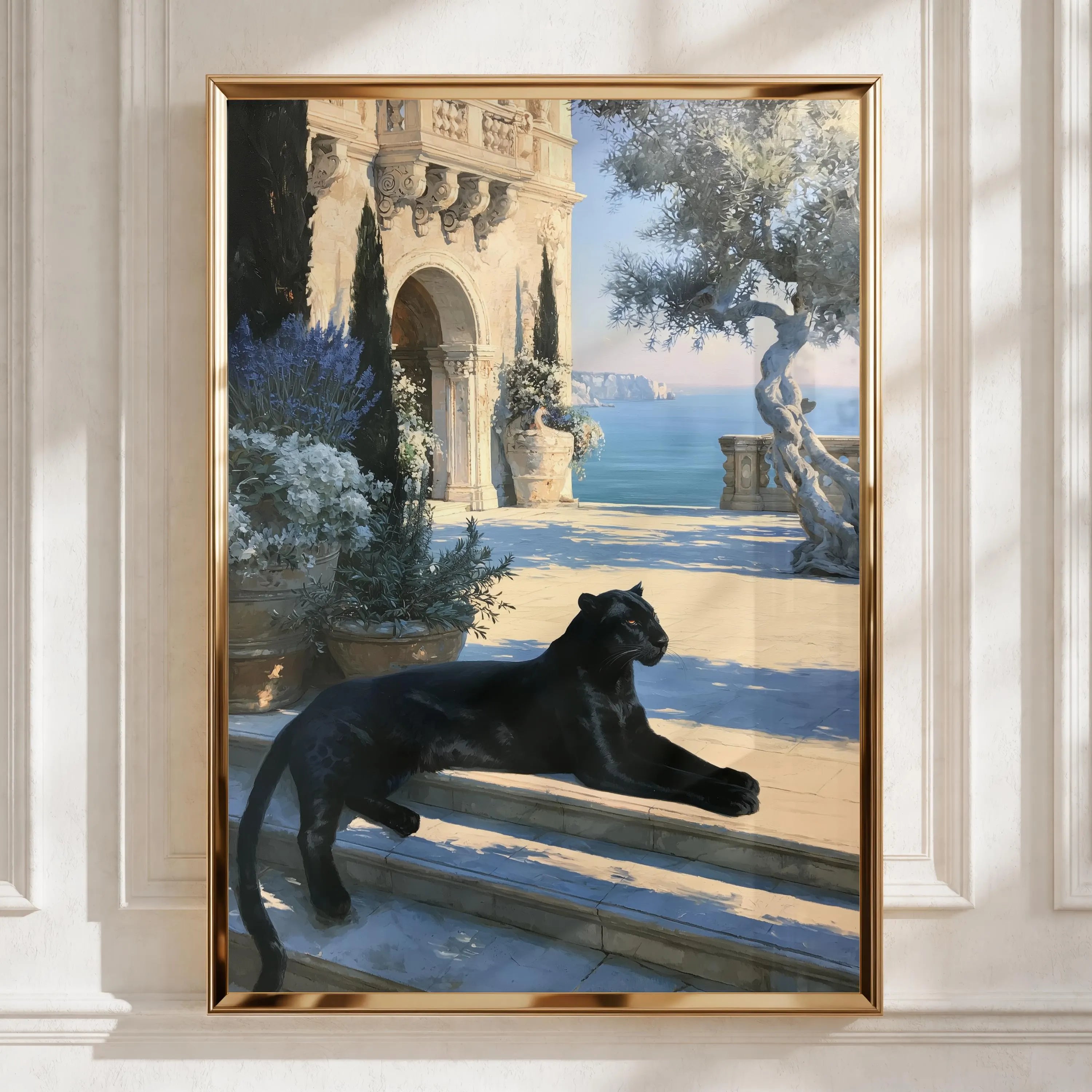 Black Panther Wall Art, Luxury Mediterranean Villa Print, Old Money Decor