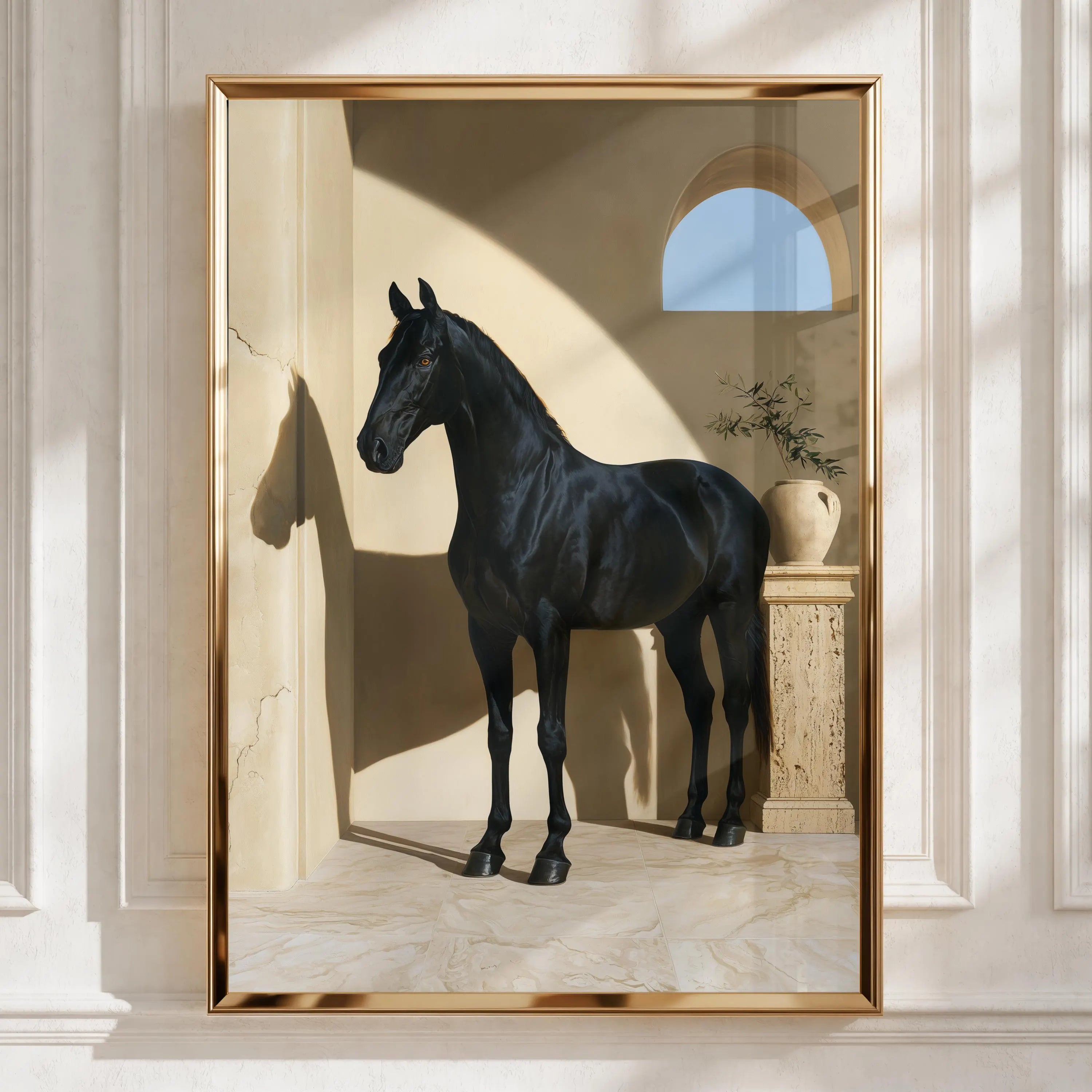 Black Horse Print, Mediterranean Arch Wall Art, Equestrian Poster, Minimalist