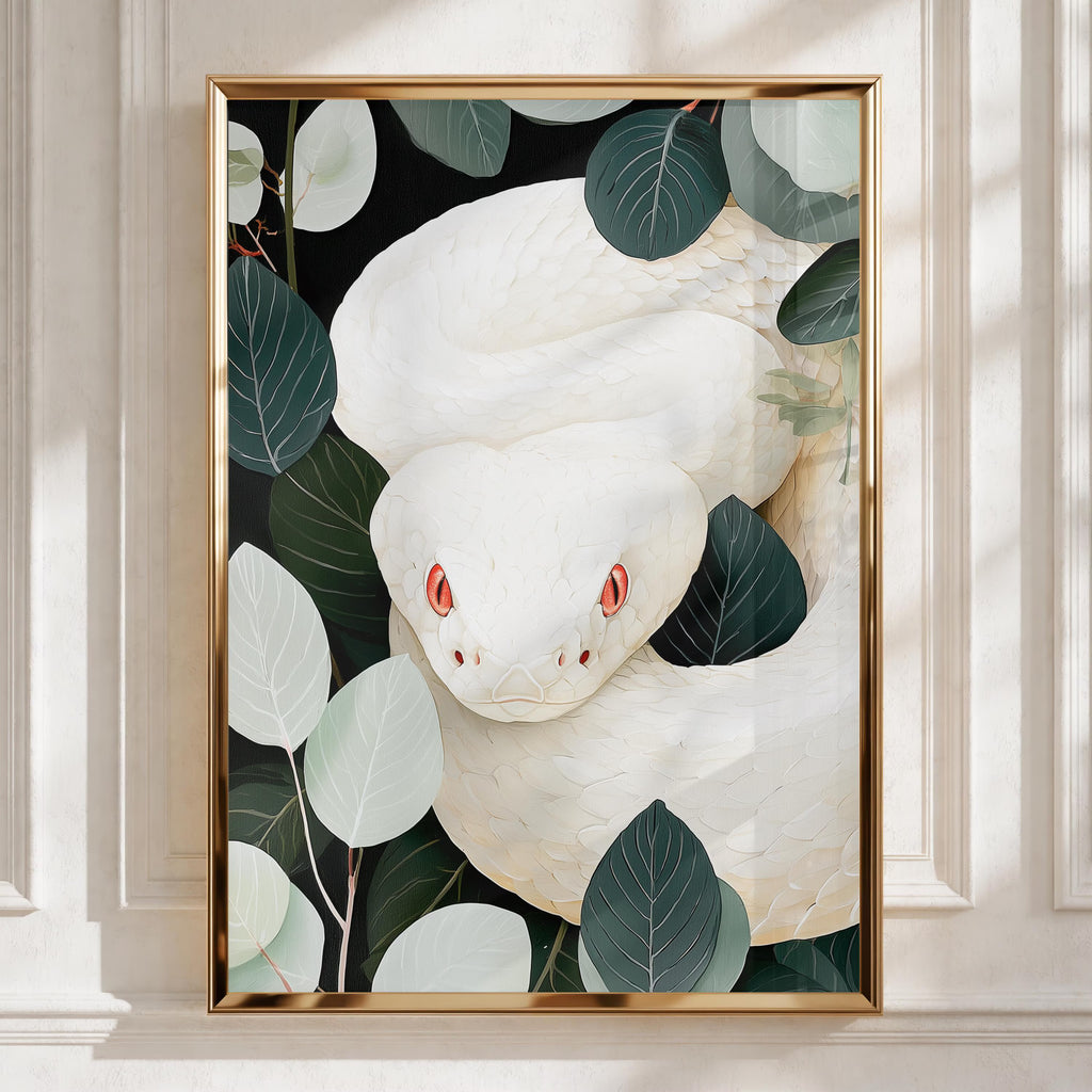 White Albino Snake Jungle Poster, Red Eyes Reptile Art, Dark Botanical Print