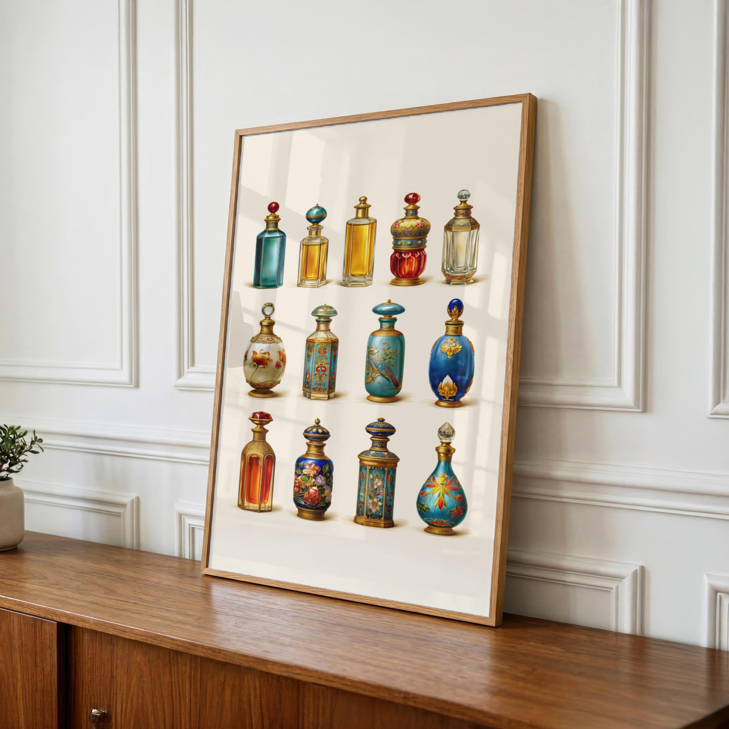 Vintage Perfume Bottles Poster, Ornate Floral Illustration, Maximalist Wall Art