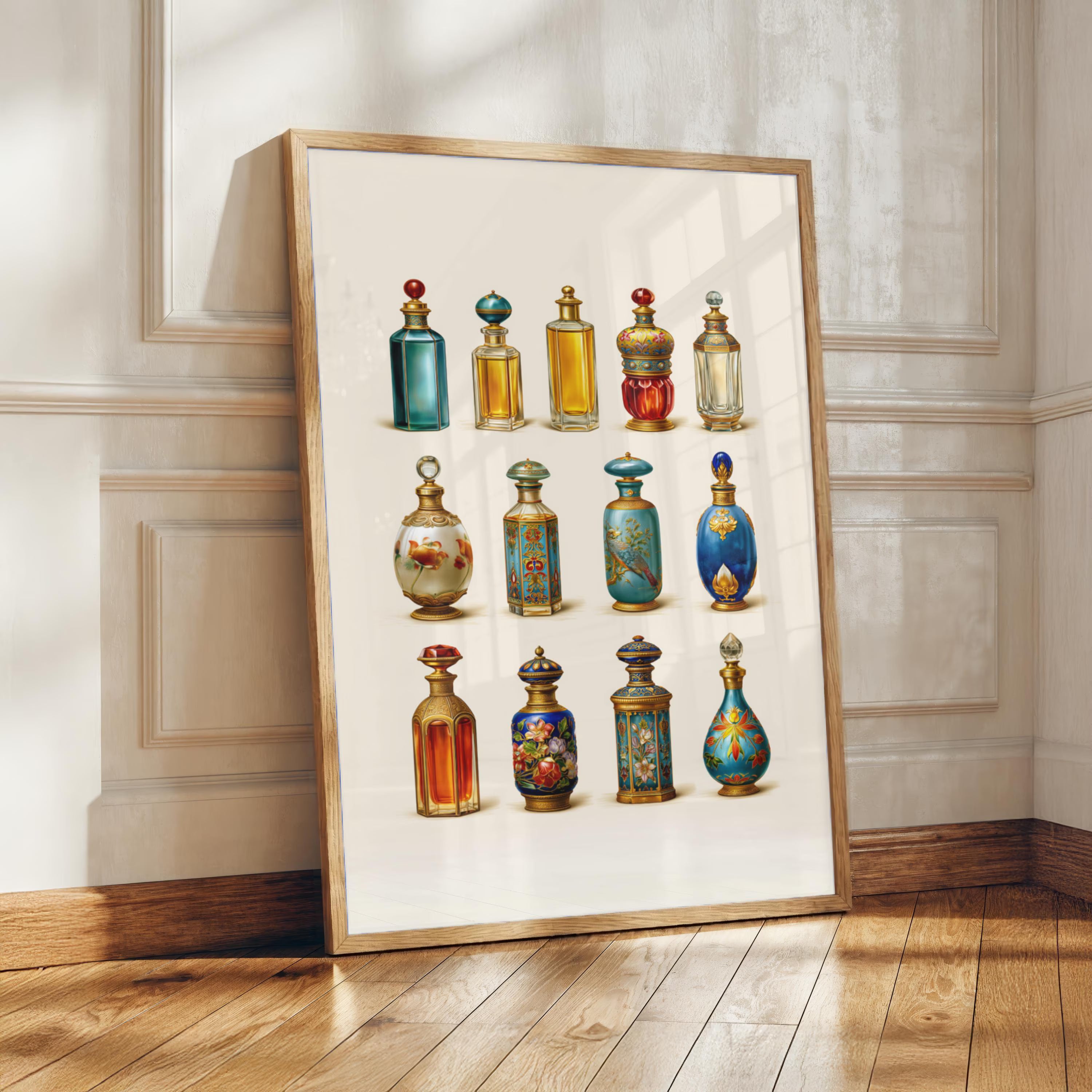 Vintage Perfume Bottles Poster, Ornate Floral Illustration, Maximalist Wall Art
