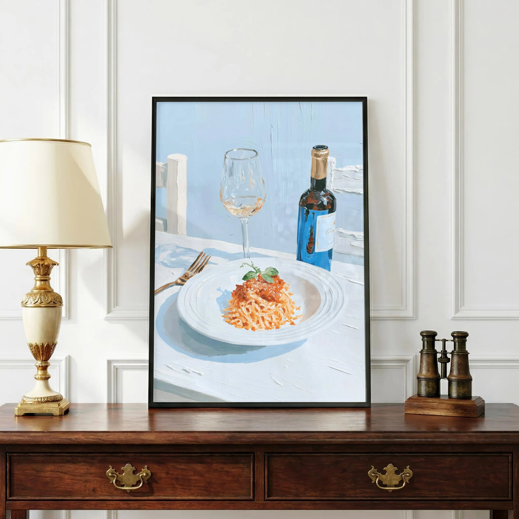 Pasta and Wine Still Life Art Print, Italian Kitchen Decor, Culinary Wall Art