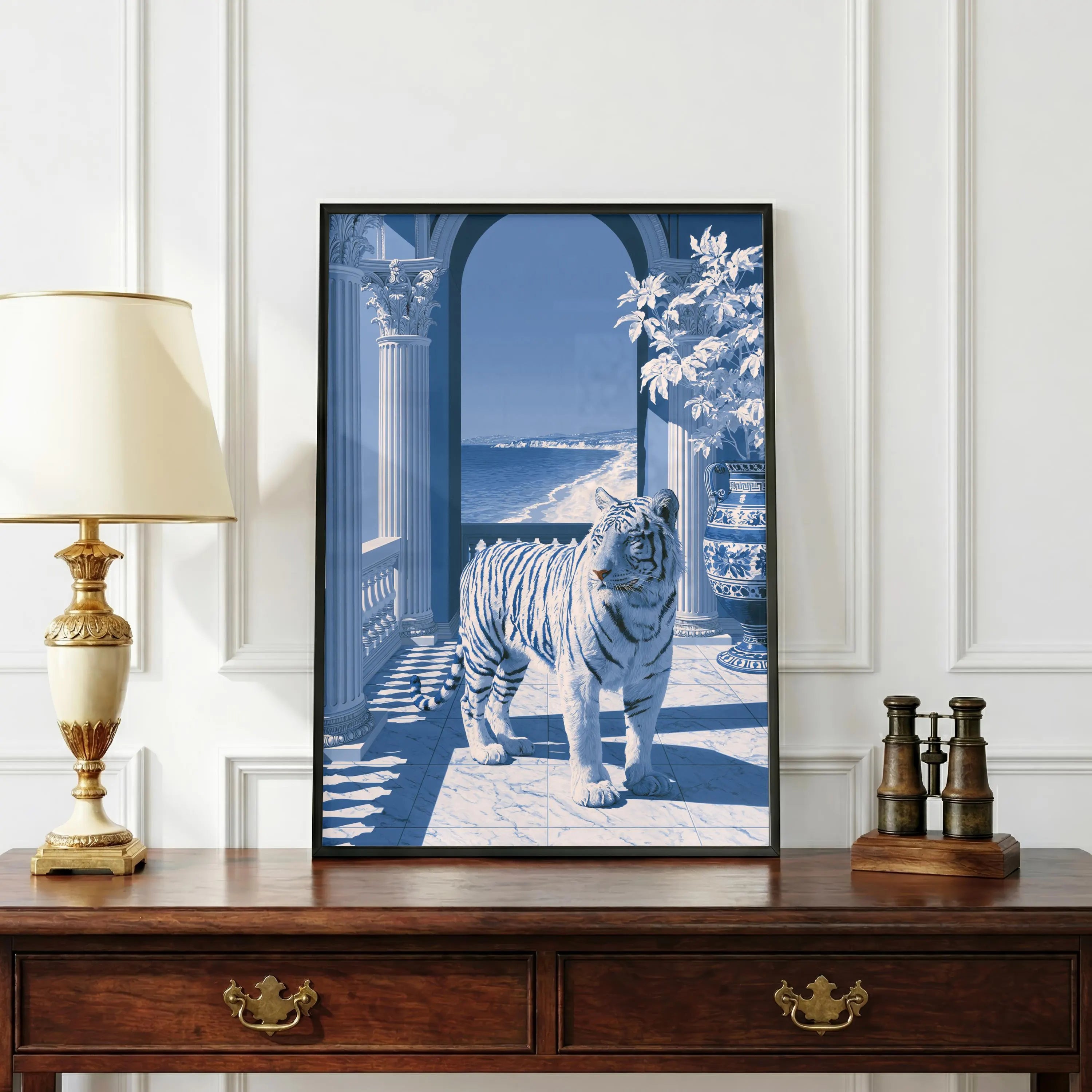 Tiger Classical Hall Poster, Porcelain Blue Architecture Wall Art Print