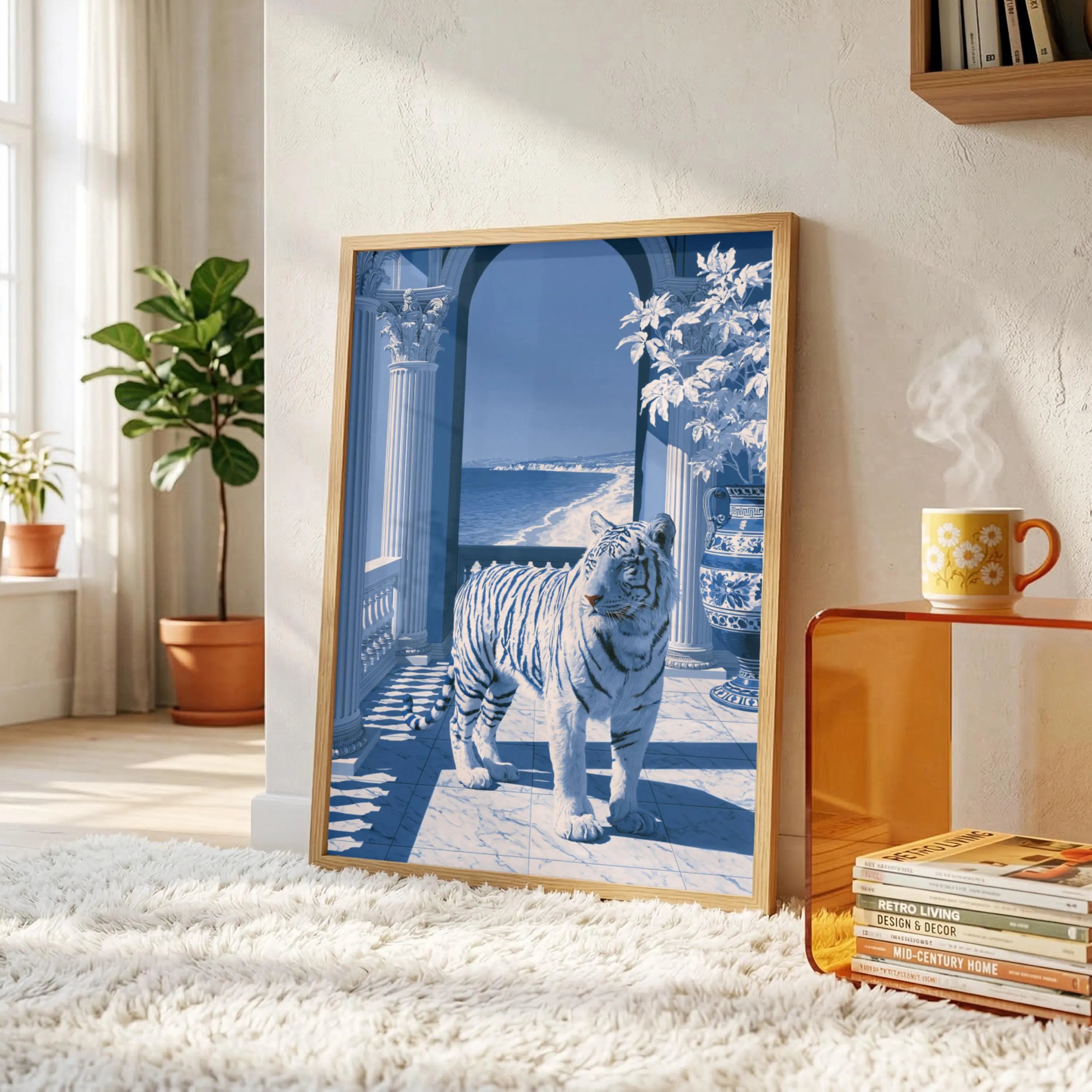 Tiger Classical Hall Poster, Porcelain Blue Architecture Wall Art Print