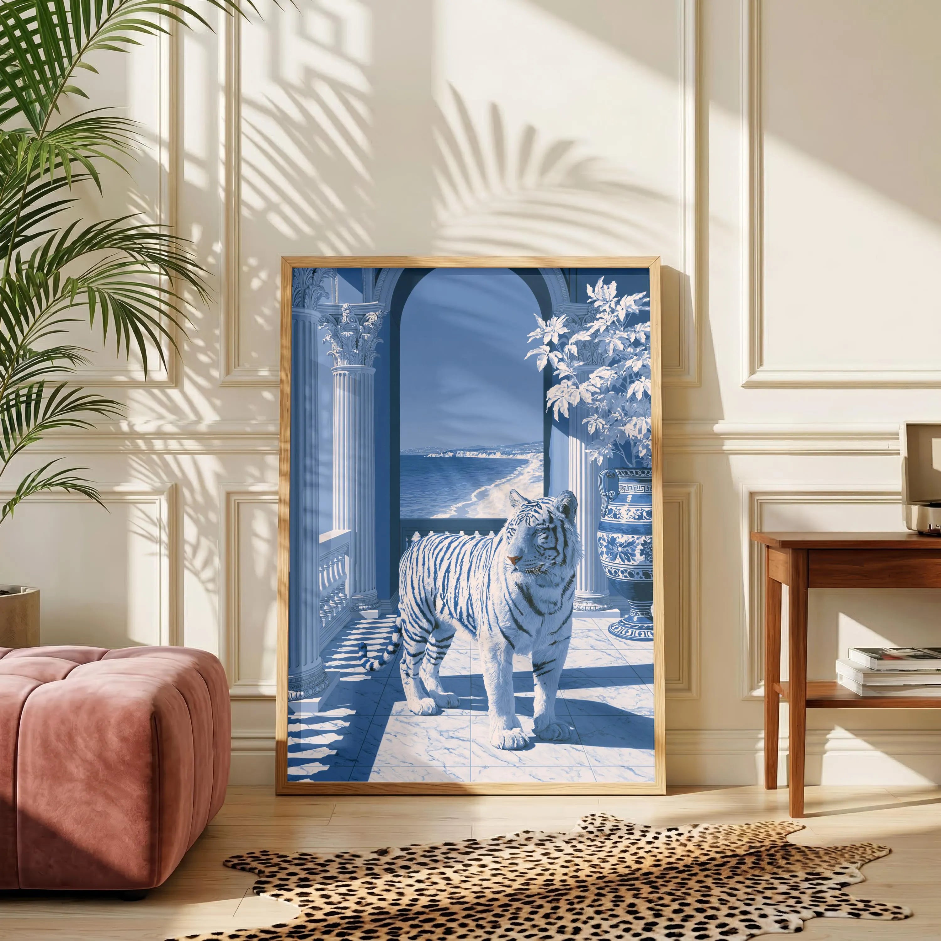 Tiger Classical Hall Poster, Porcelain Blue Architecture Wall Art Print