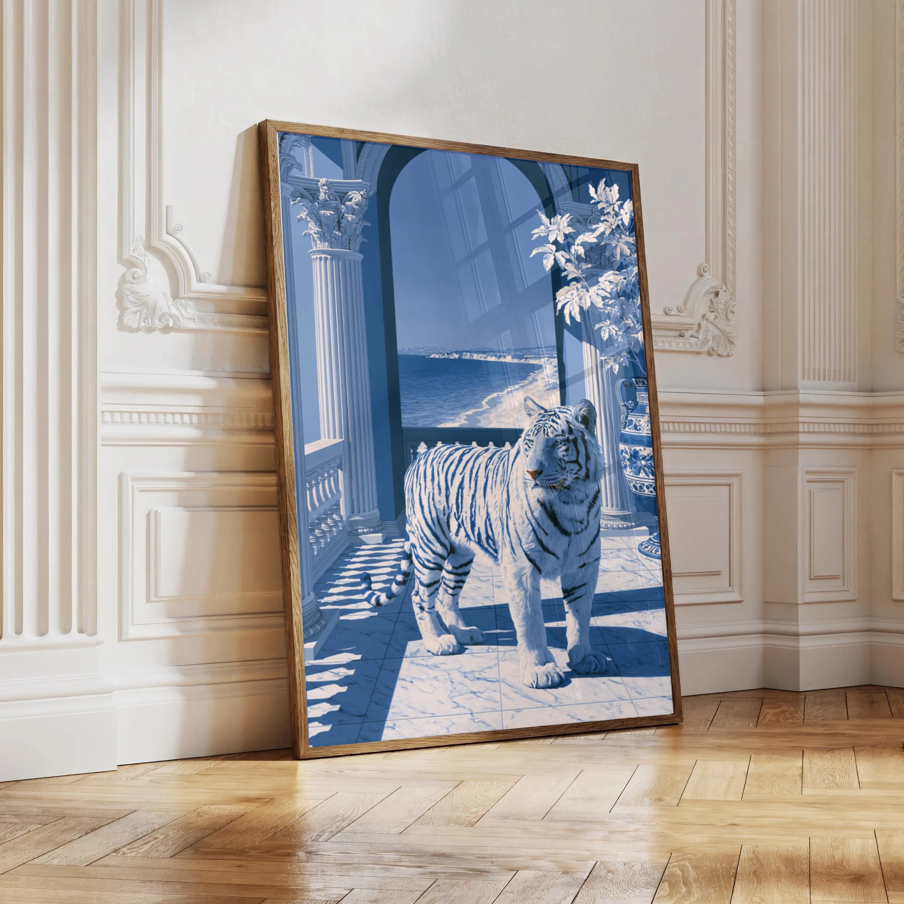 Tiger Classical Hall Poster, Porcelain Blue Architecture Wall Art Print