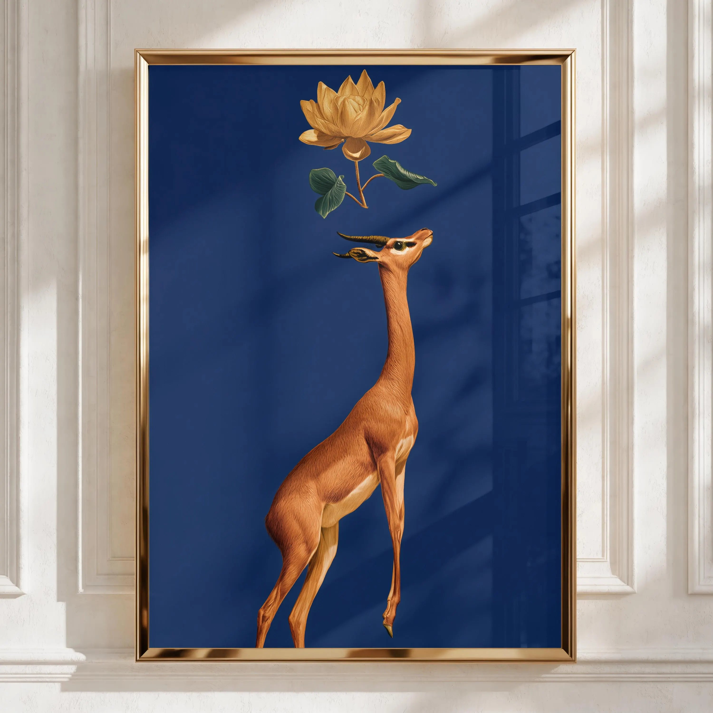 Gerenuk Antelope Lotus Flower Poster, Navy Blue Gold Wildlife Art Print