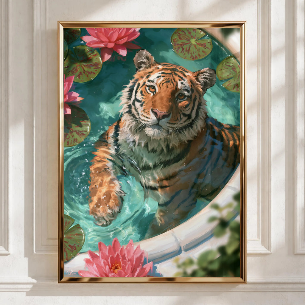 Tiger in Bath with Lotus Flowers Poster, Wild Cat Water Art Print