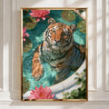Tiger in Bath with Lotus Flowers Poster, Wild Cat Water Art Print