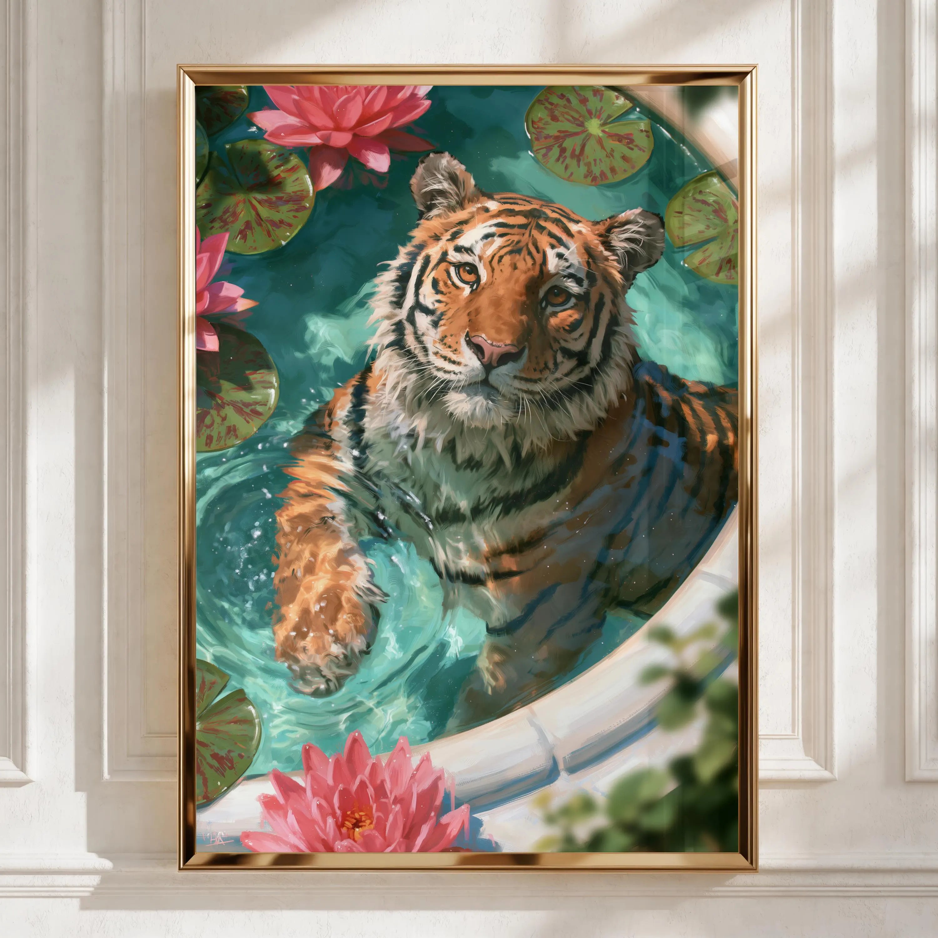 Tiger in Bath with Lotus Flowers Poster, Wild Cat Water Art Print