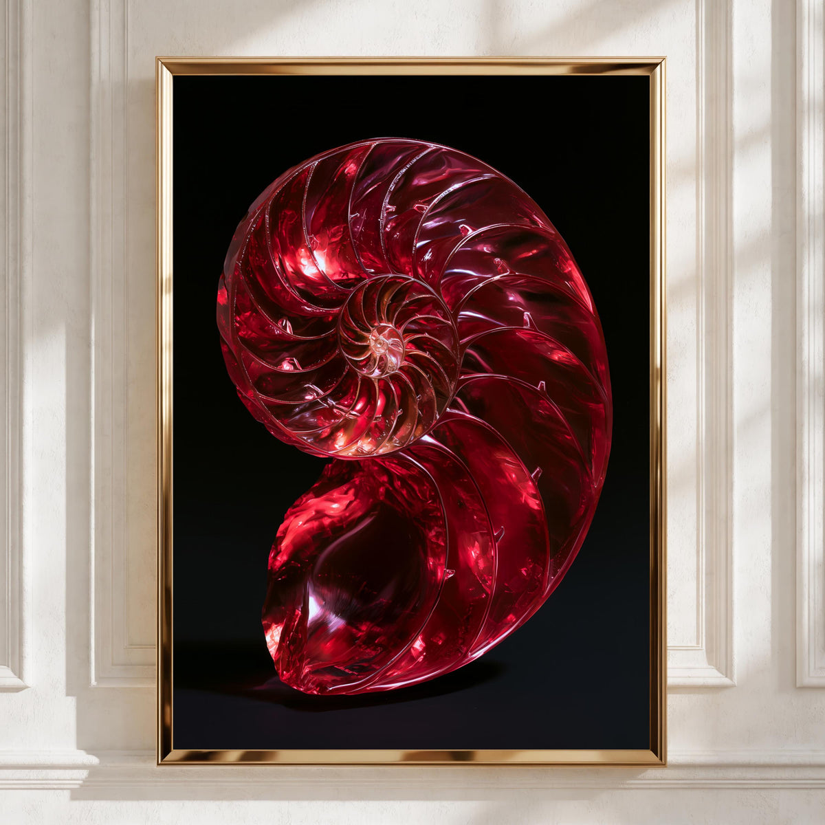 Red Nautilus Shell Poster, Spiral Fibonacci Art Print, Bold Nature Wall Art