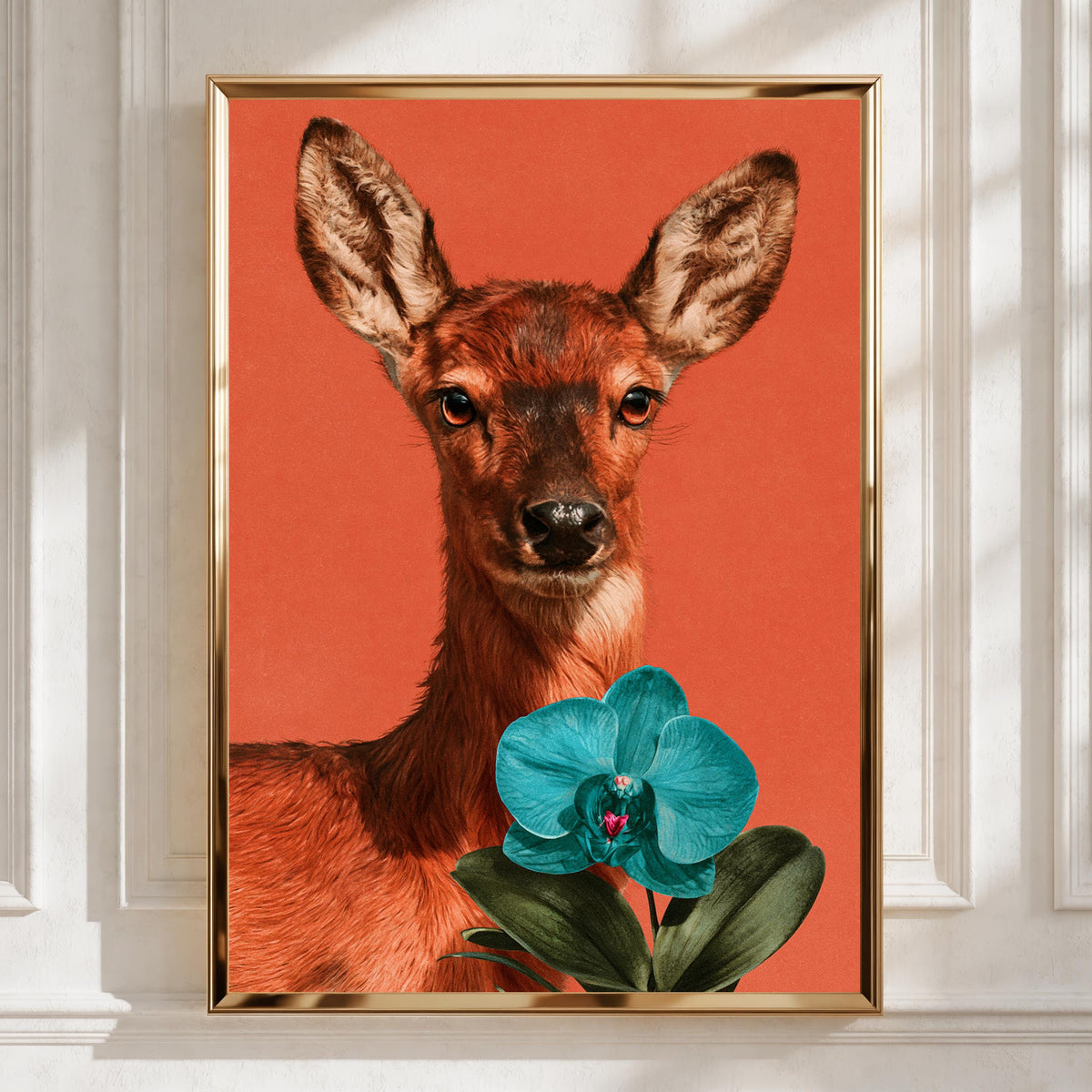 Deer with Orchid Flower Poster, Bold Orange Wildlife Wall Art Print