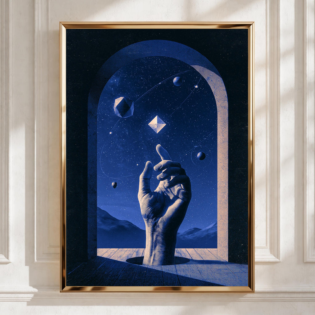Cosmic Hand Universe Poster, Blue Surreal Space Art, Geometric Stars Print