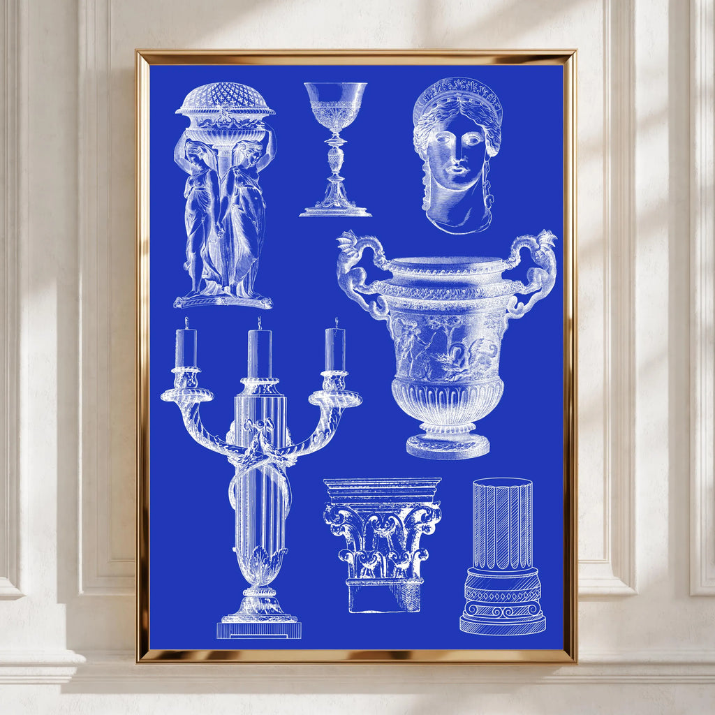 Roman Vase Blueprint Poster, Classical Antiquity Wall Art, Blue