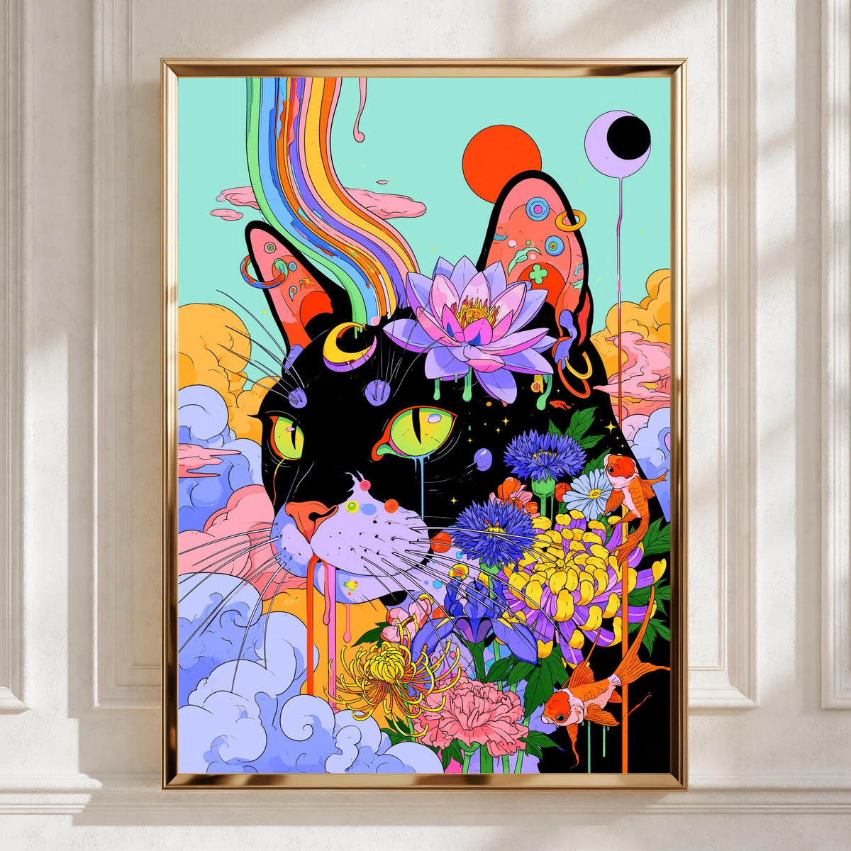 Psychedelic Cat Poster, Floral Black Cat Wall Art, Colourful Trippy Print