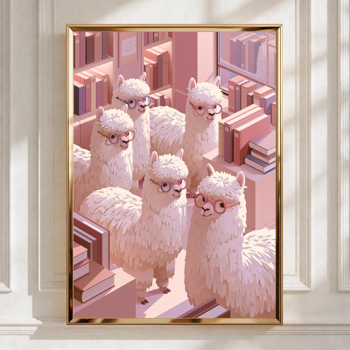 Alpaca Library Poster, Cute Alpacas with Glasses, Pink Bookish Wall Art