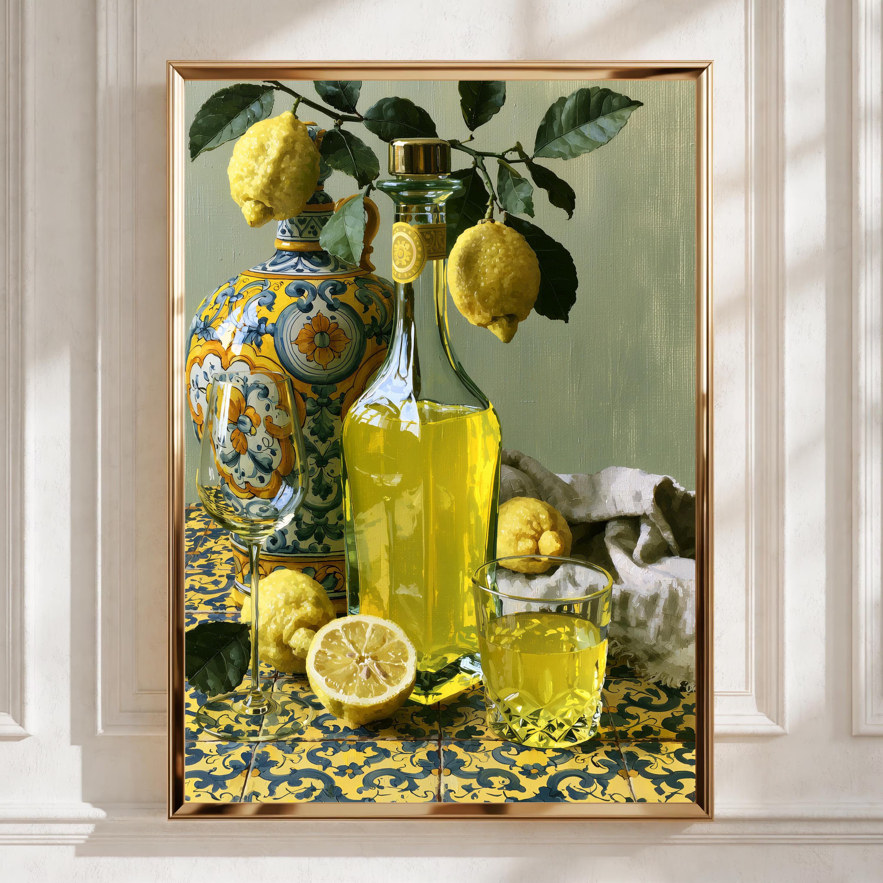 Limoncello Still Life Art, Lemon Drink Print, Colourful Kitchen Wall Art