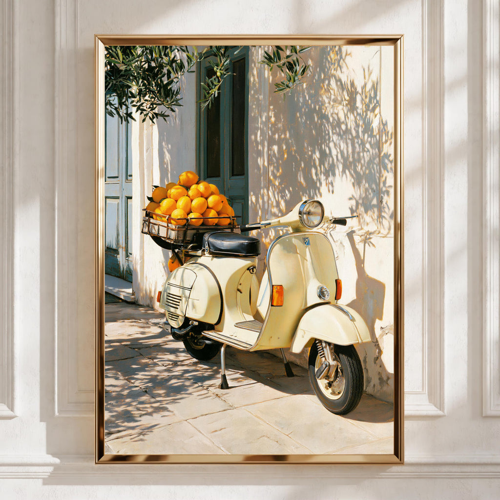Vespa Oranges Italy Poster, Vintage Scooter Wall Art, Mediterranean Print