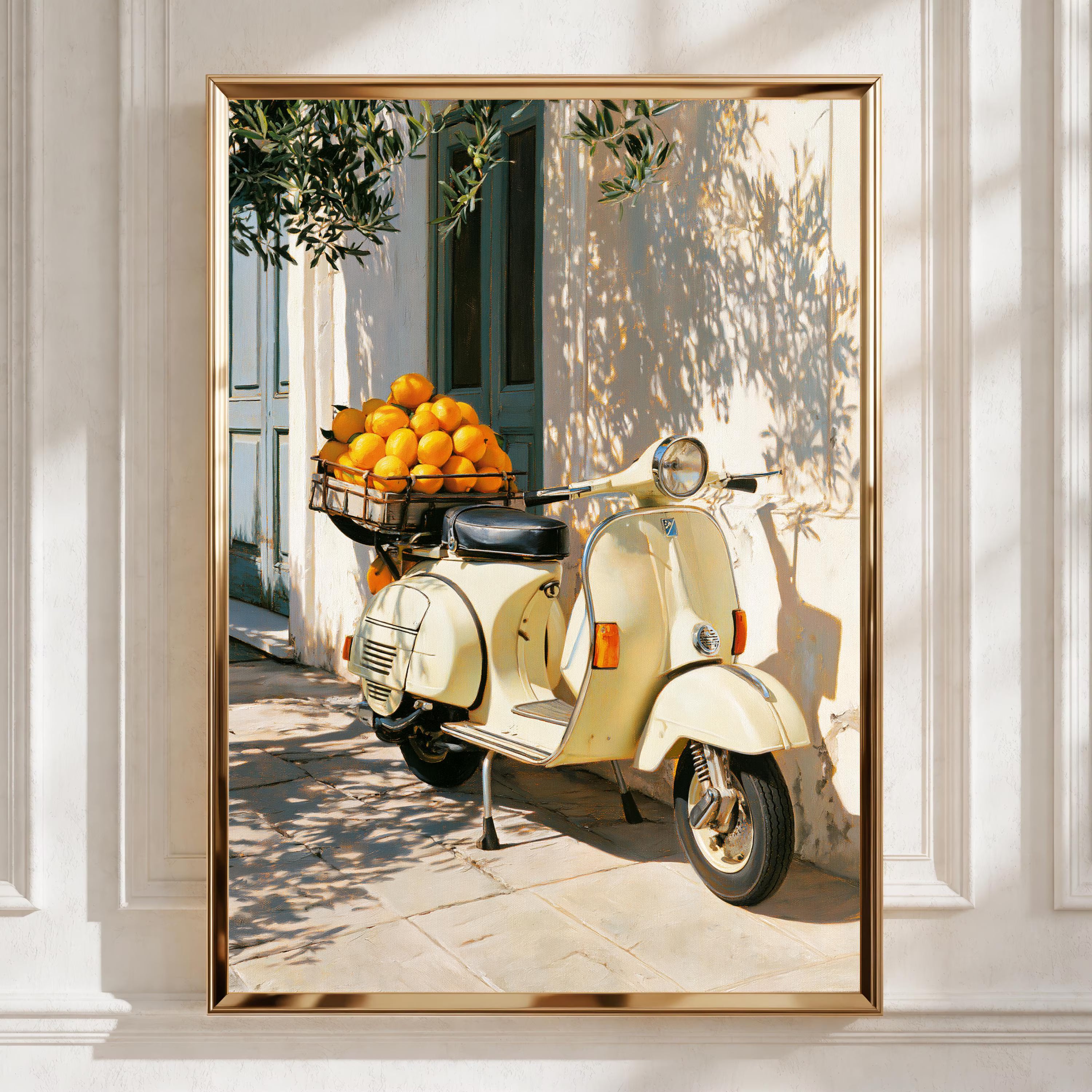 Vespa Oranges Italy Poster, Vintage Scooter Wall Art, Mediterranean Print