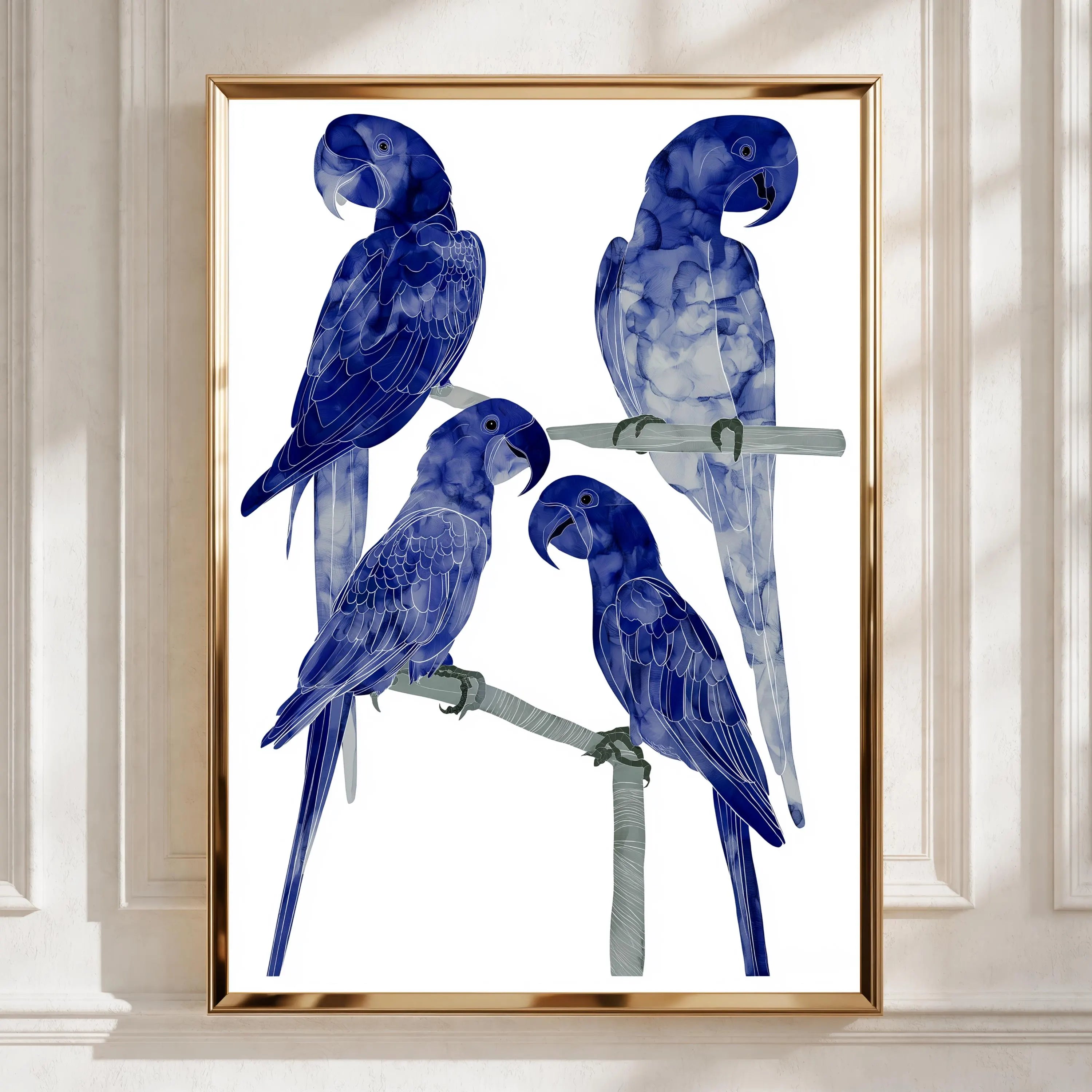 Blue Macaw Poster, Four Parrots on Branches, Navy Bird Wall Art Print