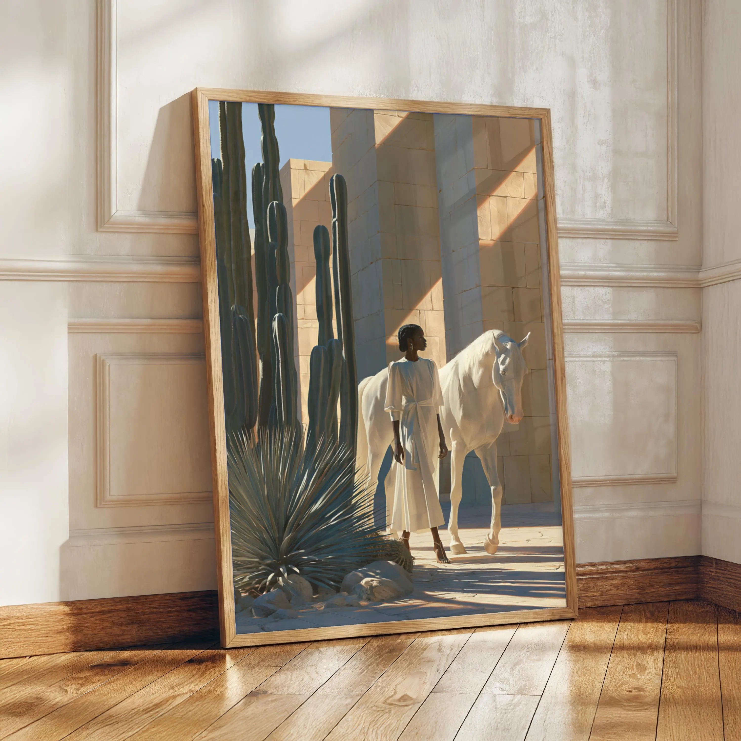Woman White Horse Cactus Desert Wall Art Poster, Boho Southwest Print