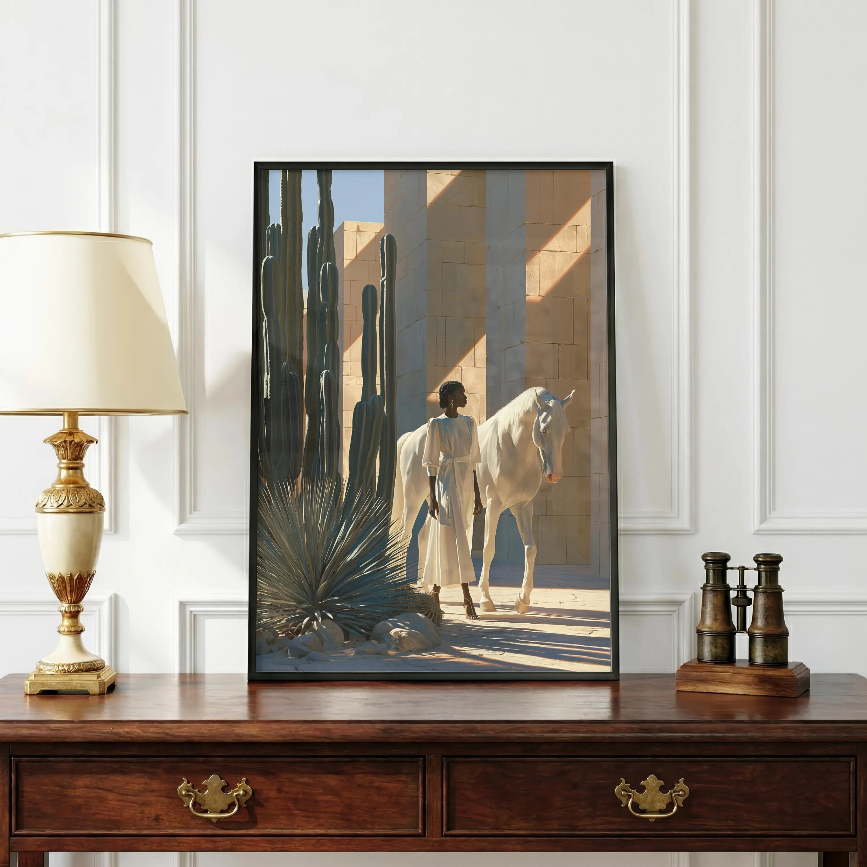 Woman White Horse Cactus Desert Wall Art Poster, Boho Southwest Print