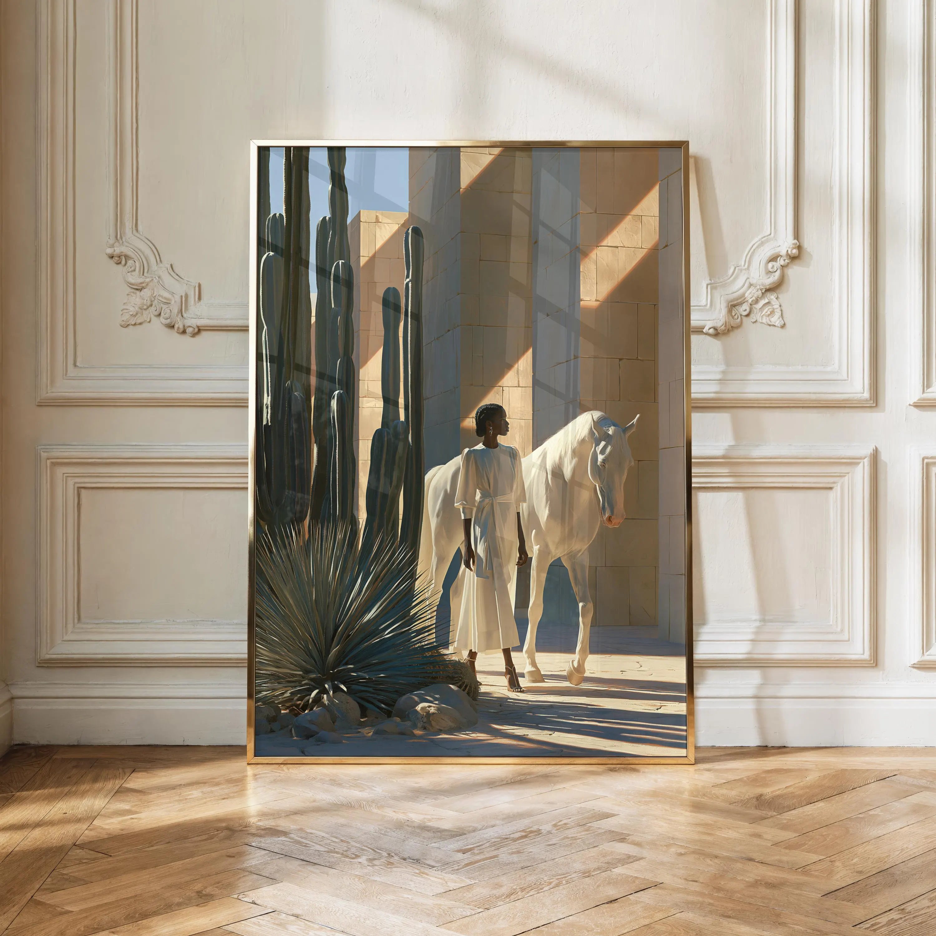 Woman White Horse Cactus Desert Wall Art Poster, Boho Southwest Print