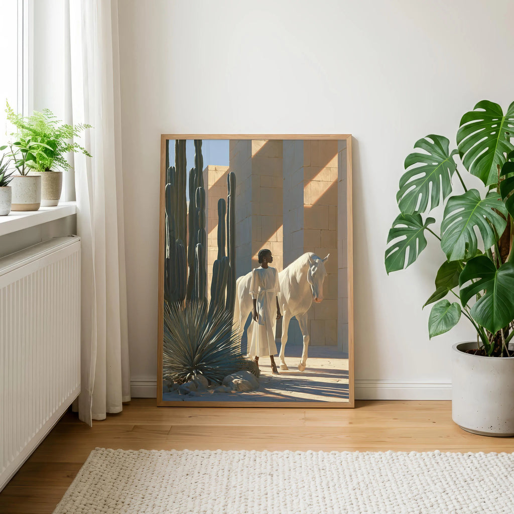 Woman White Horse Cactus Desert Wall Art Poster, Boho Southwest Print