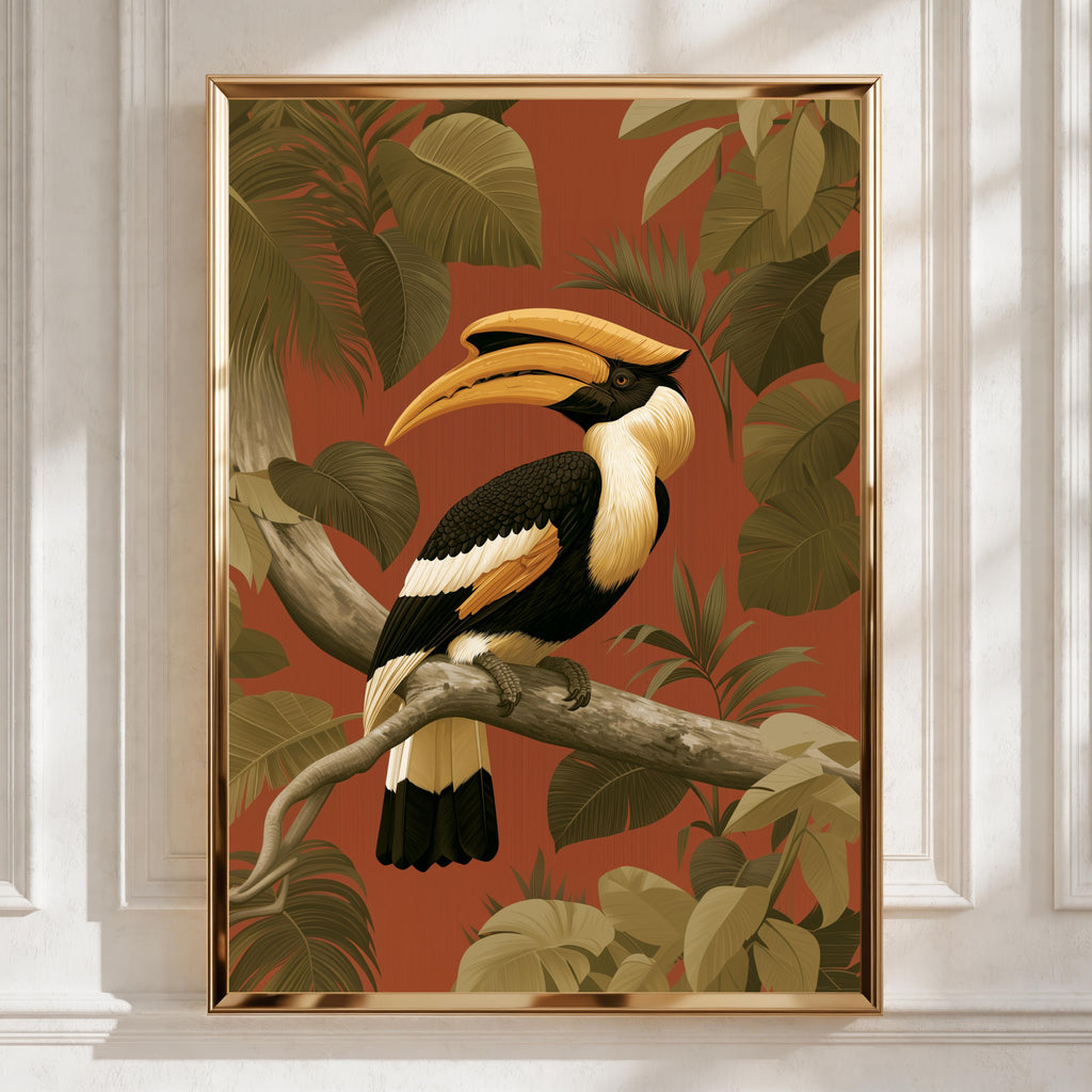 Hornbill Tropical Bird Poster, Jungle Foliage Wall Art, Botanical Print