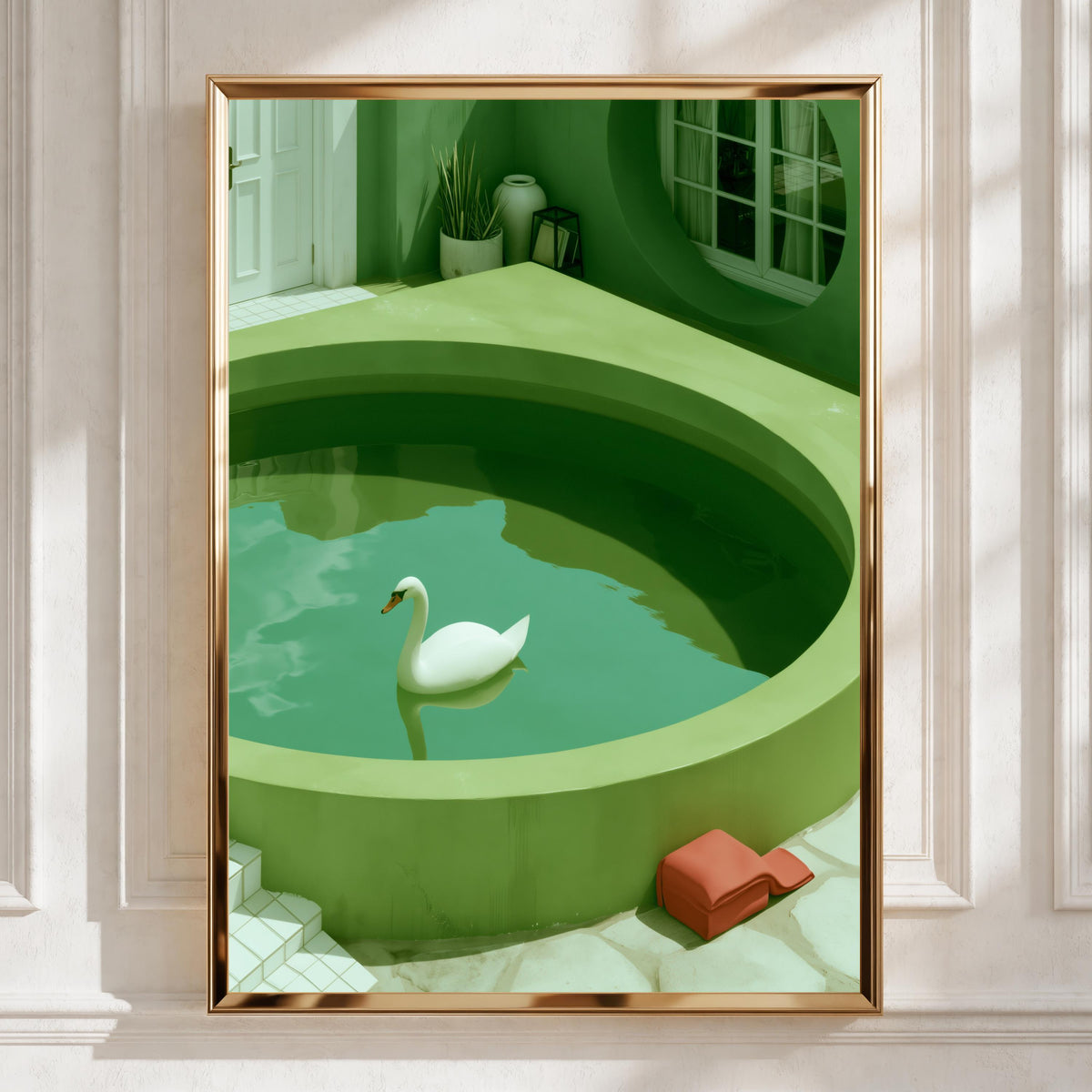 Swan in Green Pool Poster, Surreal Minimalist Wall Art Print