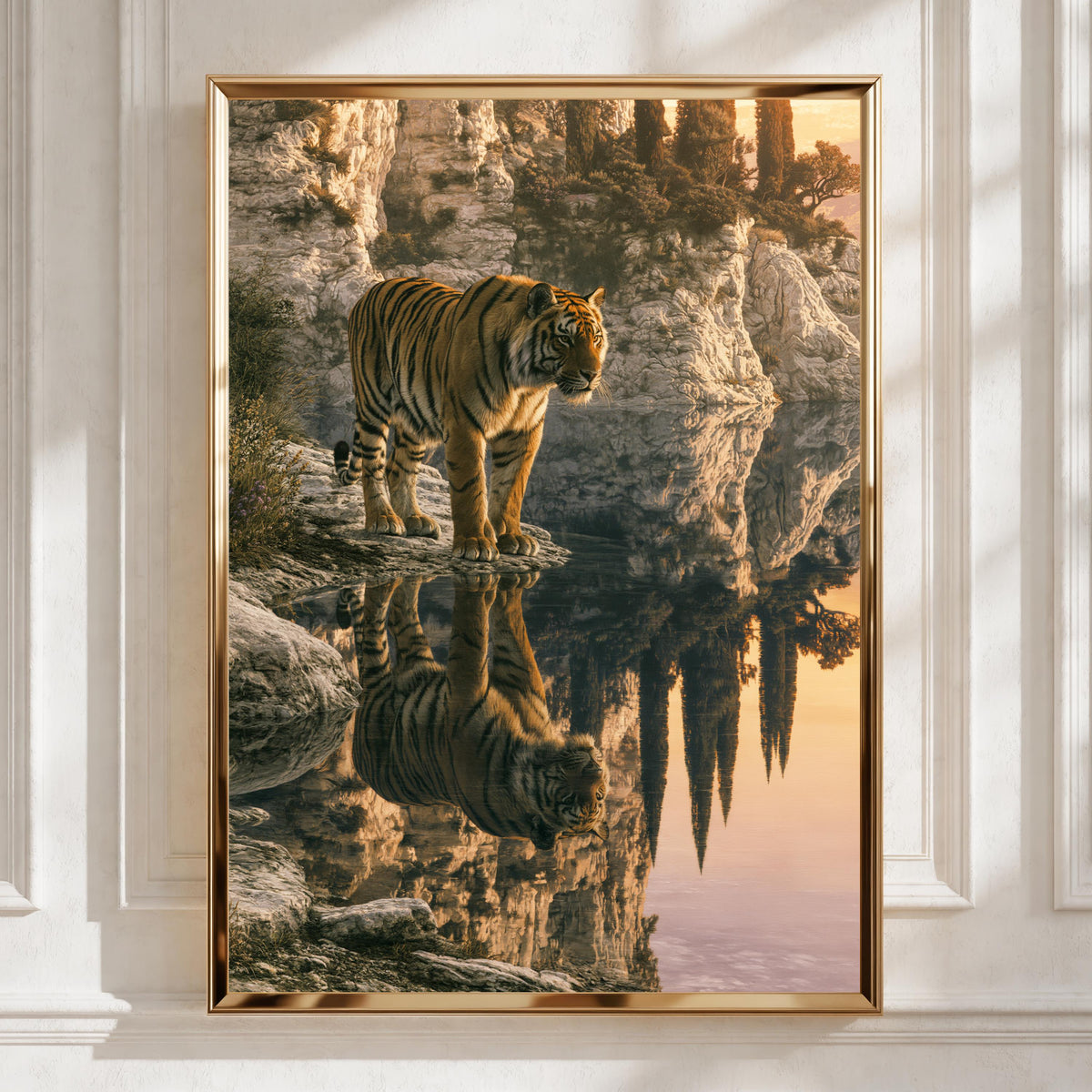 Tiger Water Reflection Poster, Rocky Cliffside Sunset, Wildlife Wall Art Print