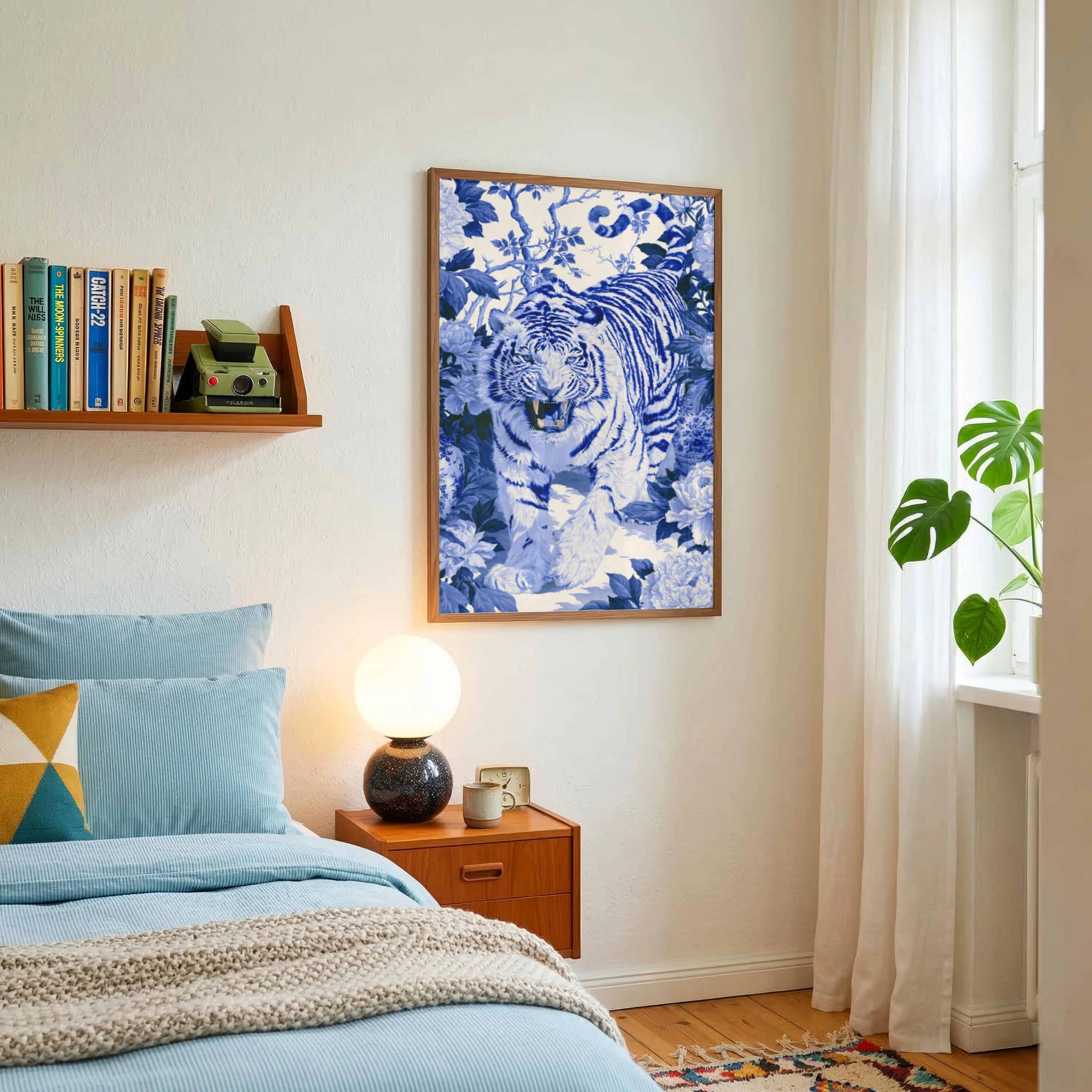 Blue Tiger Wall Art, Chinoiserie Animal Print, Botanical Illustration, Blue White Decor