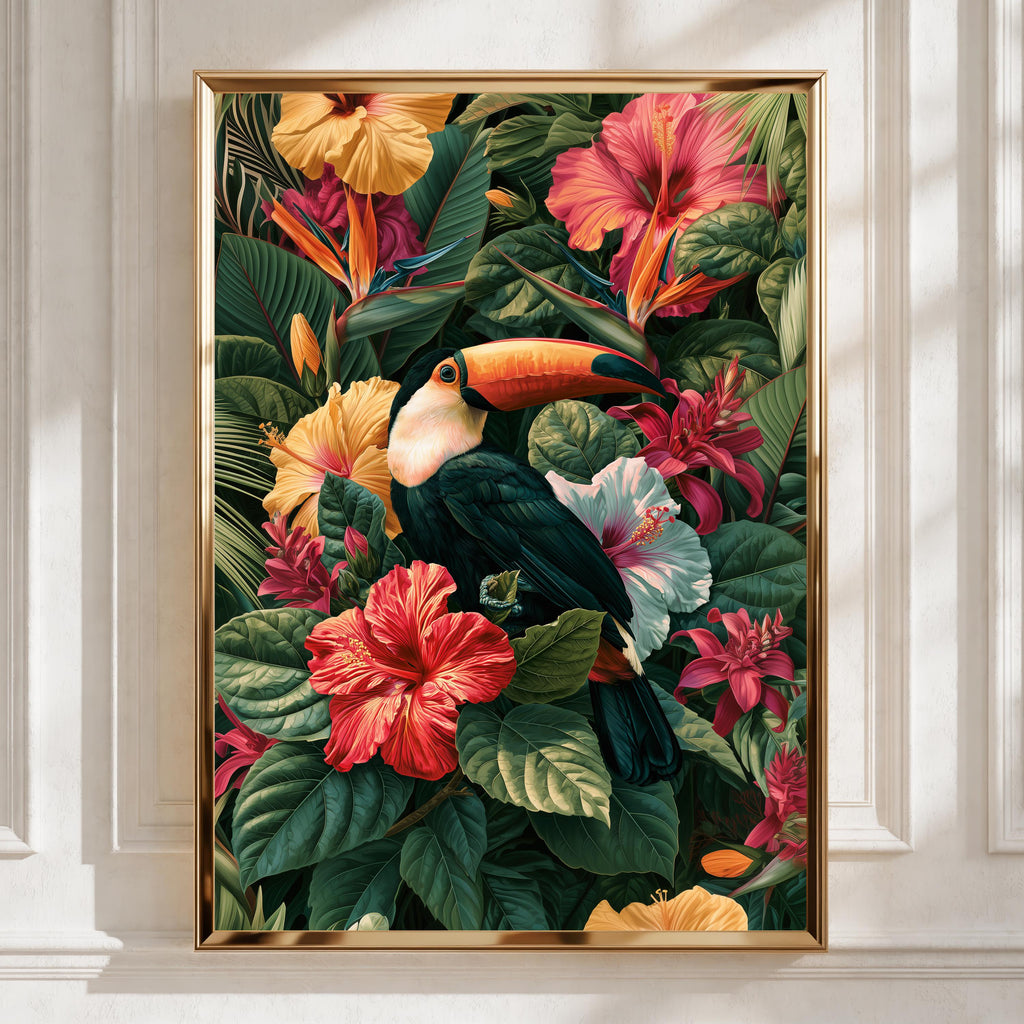 Toucan Hibiscus Tropical Poster, Botanical Bird Wall Art, Jungle Print