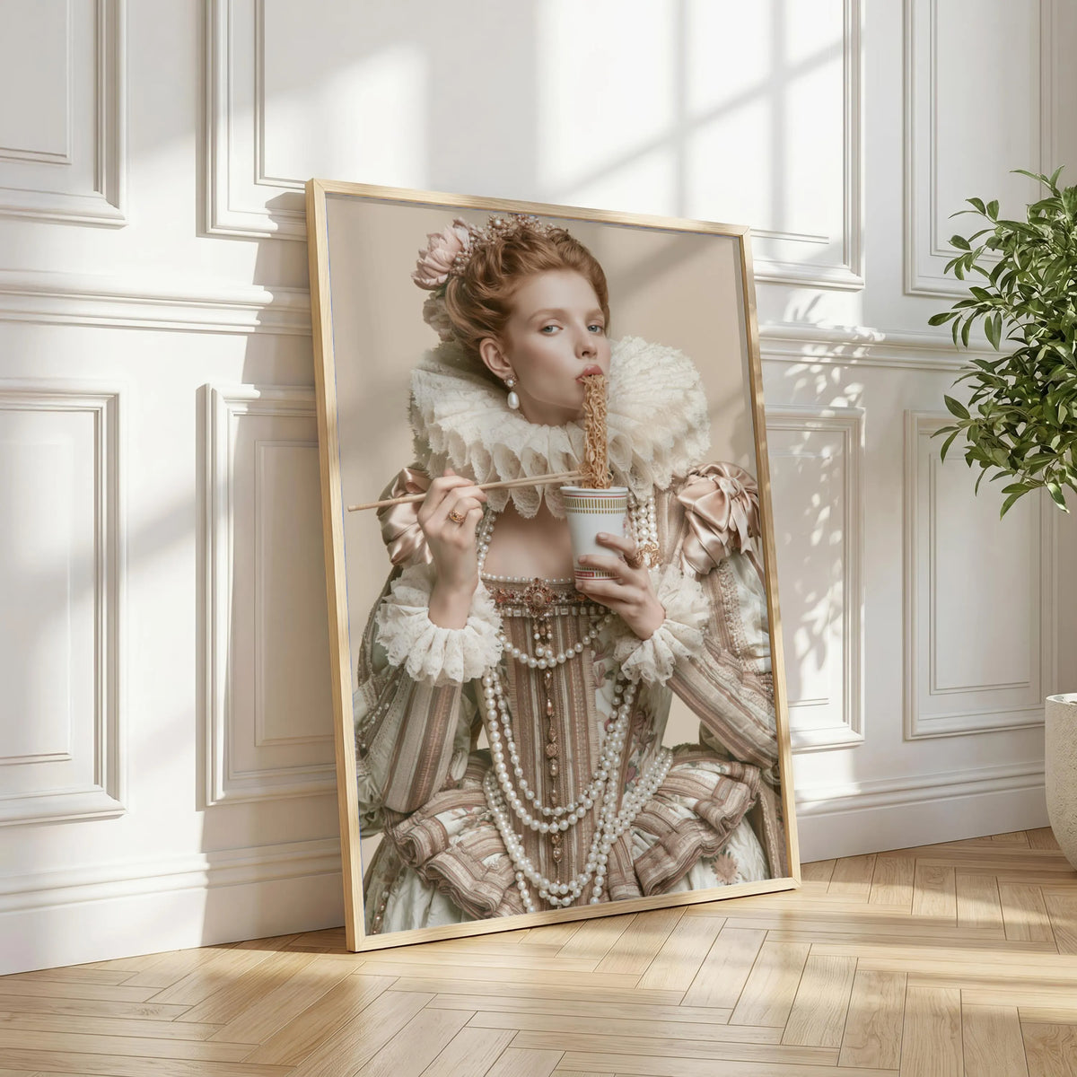 Renaissance Queen Eating Instant Noodles Poster, Baroque Humour Wall Art